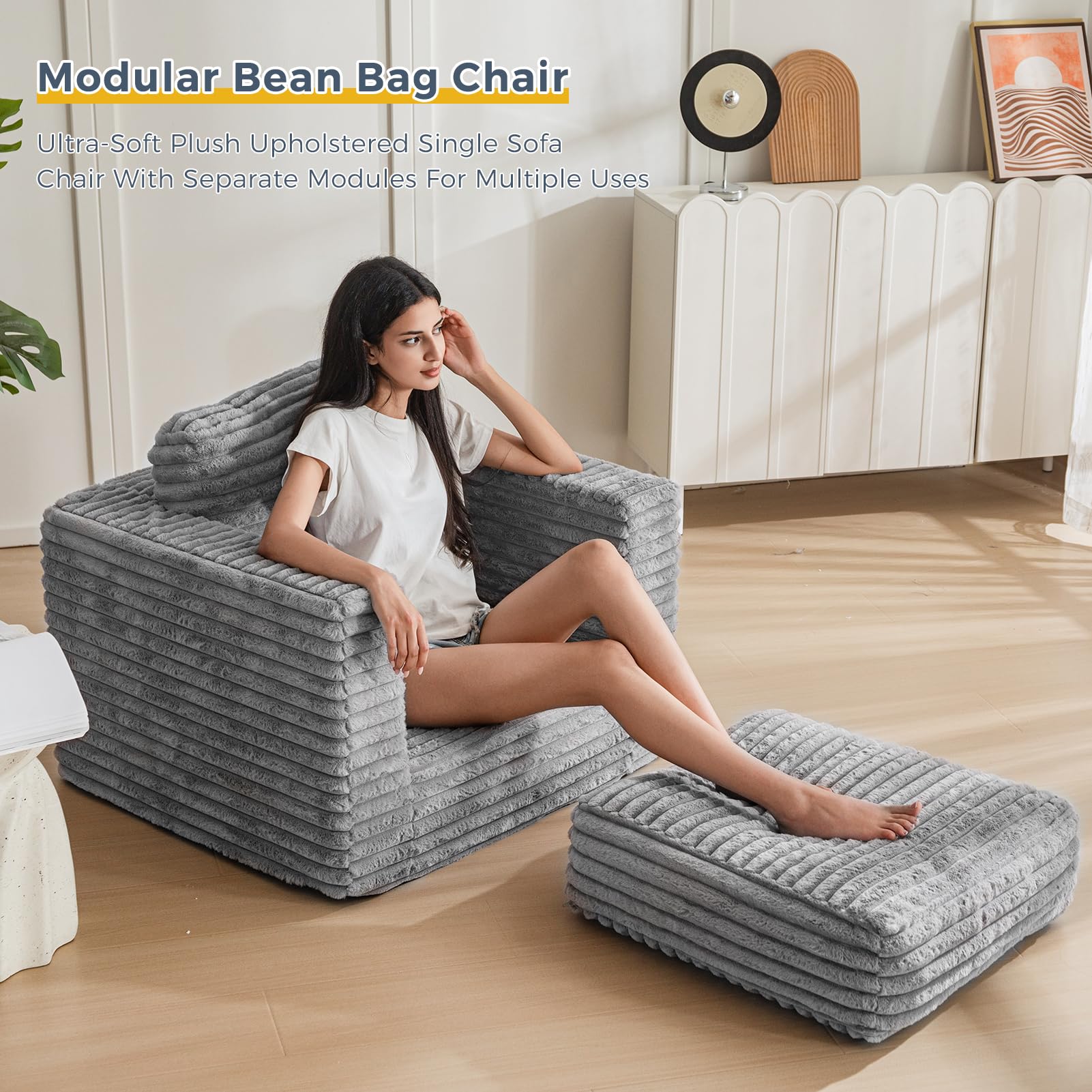 MAXYOYO Giant Bean Bag Chair for Adults - Oversized Upholstered Floor Sofa with Removable Pillows & Armrests, Large Plush Bean Bag Couch for Bedroom, Living Room & Game Room - Soft Grey Comfortable Lounge Chair for Relaxing, Reading & Movie Nights