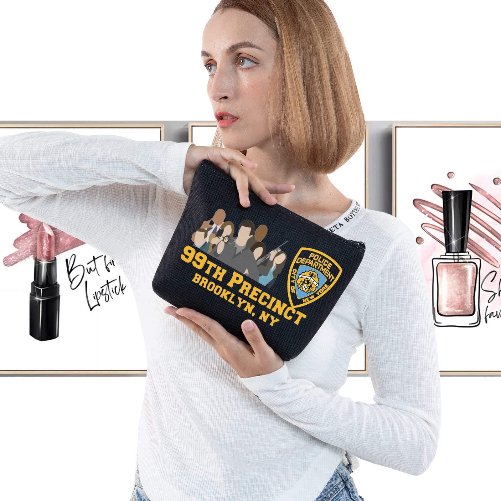LEVLO Brooklyn 99 TV Show Themed Makeup Bag - 99th Precinct Black Cosmetic Pouch for Fans | Perfect Gift for Brooklyn 99 Lovers, Travel & Daily Makeup Organizer