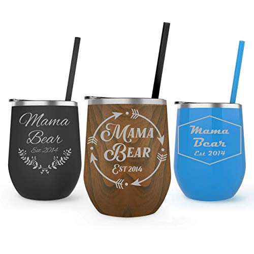 Personalized Mama Bear Mother's Day Gift - 12oz Stainless Steel Wine Tumbler with Lid & Straw - 14 Color Options & 12 Unique Designs - Perfect for Wine Lovers, Mom's Birthday, Anniversary & Everyday Use