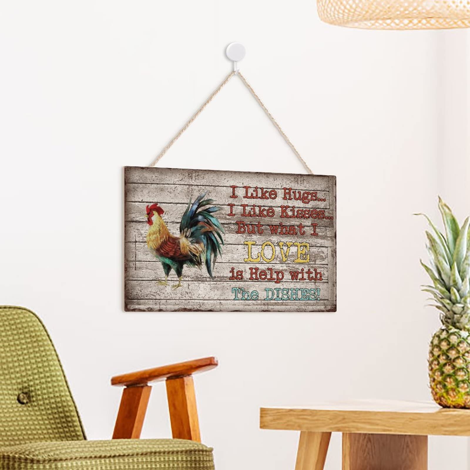 Rustic Rooster Wood Wall Art - Funny Chicken Coop Decor Sign 'I Like Hugs Kisses But What I Love Is Help with The Dishes' - Farmhouse Kitchen & Yard Decoration (10x16 inches) - Perfect for Country Homes, Farmhouse Kitchens, and Outdoor Chicken Coop Decor