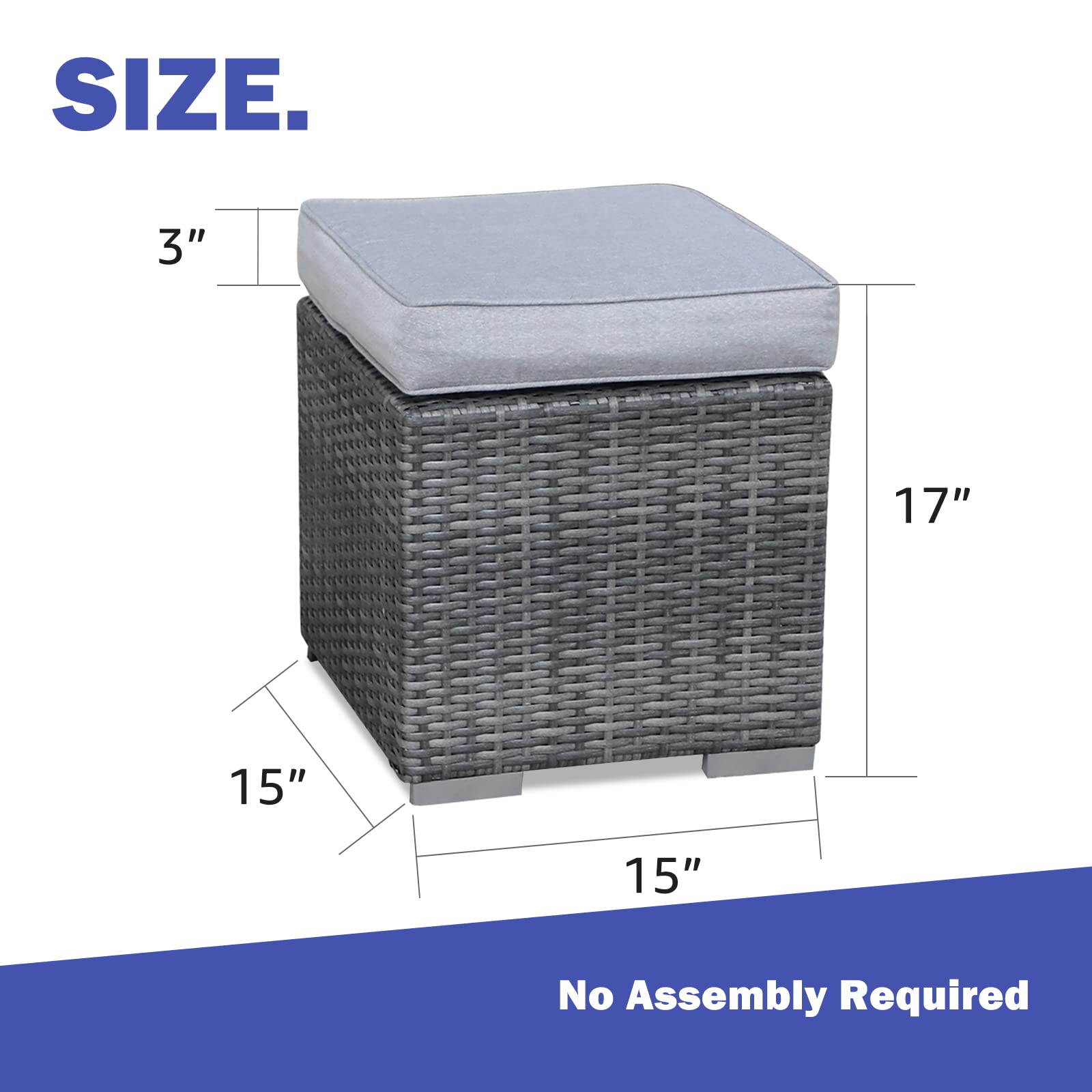 Patiorama 2-Piece Outdoor Patio Ottoman Set - All-Weather Grey Wicker Rattan Footstool with Light Grey Cushions - Indoor/Outdoor Use - No Assembly Required - Perfect for Poolside, Deck, Porch & Living Room Relaxation