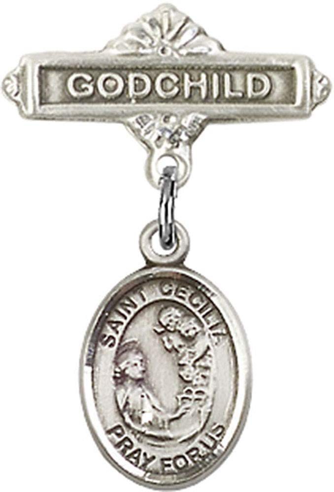 Sterling Silver St. Cecilia Charm Baby Badge Pin - Godchild Gift for Baptism, Christening & First Communion - Handmade in USA - Perfect for Baby Jewelry & Keepsake Gifts