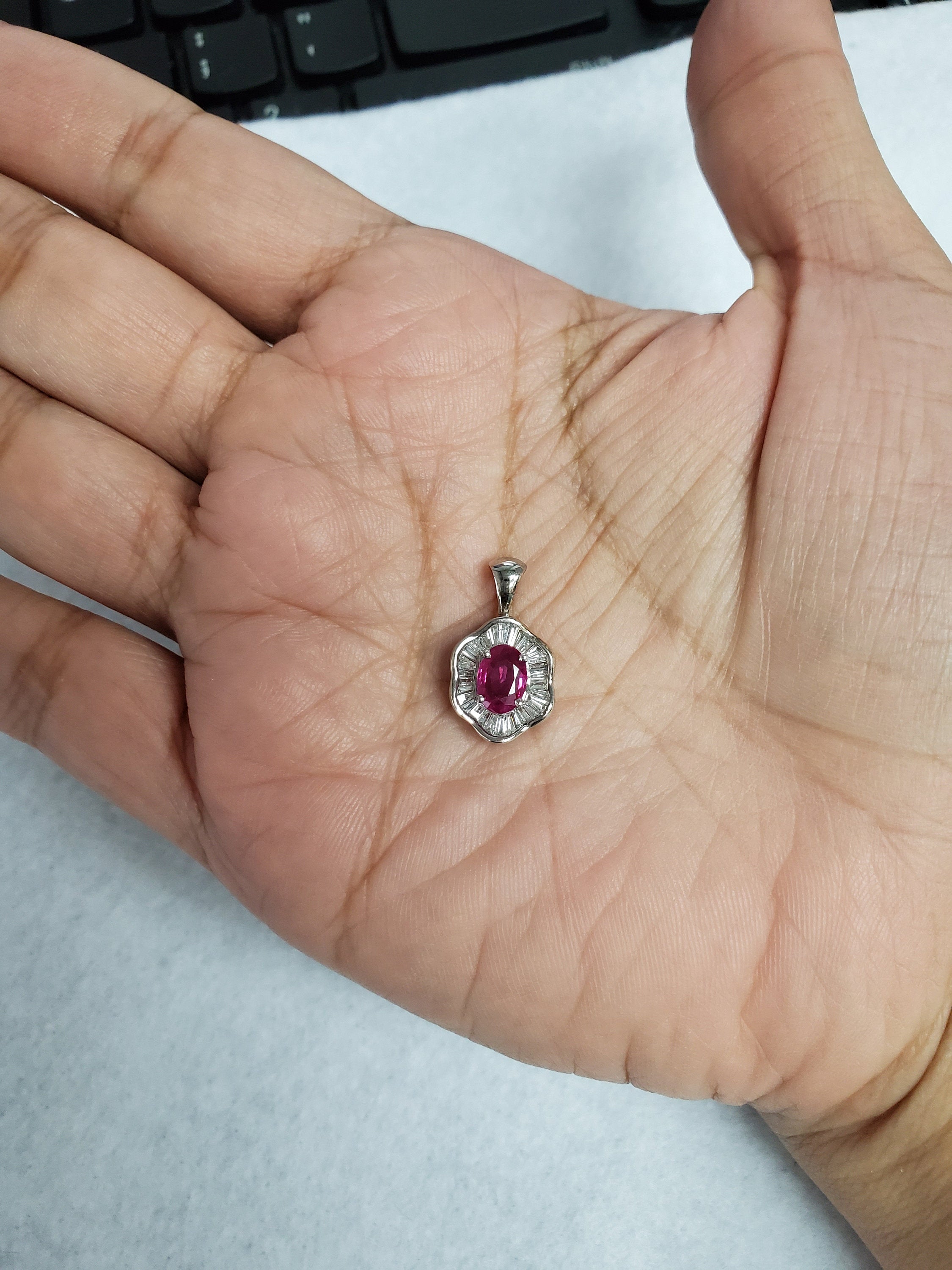 1.20ct Oval Ruby & Diamond Baguette Pendant Necklace in 14K White Gold - Elegant Jewelry Gift for Women, Perfect for Weddings & Special Occasions