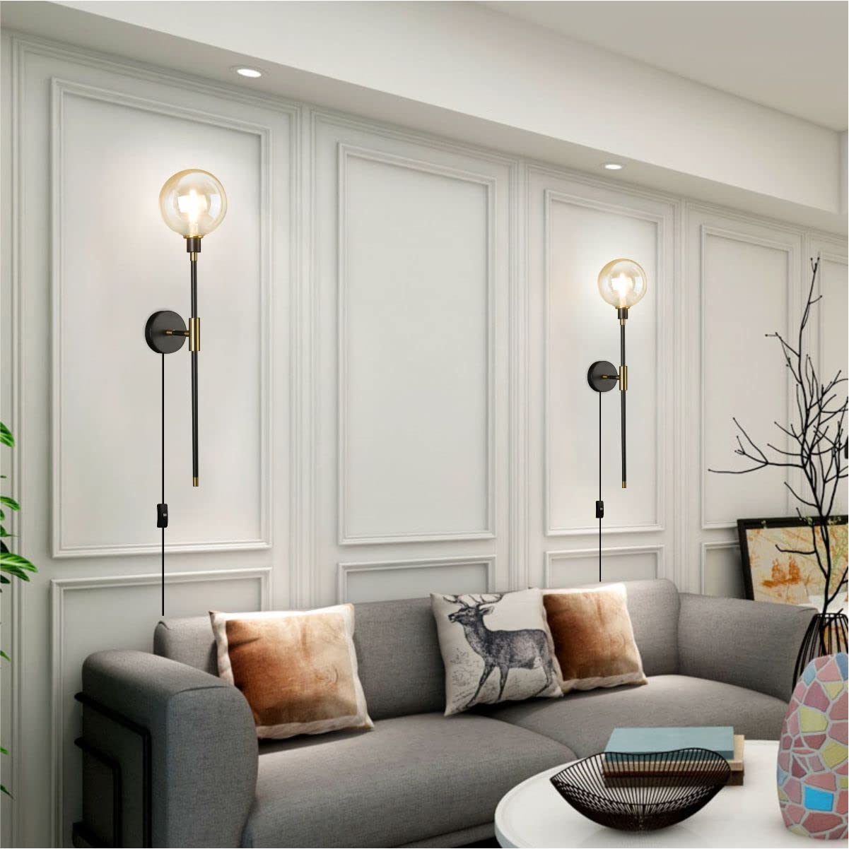 KCO Black Modern 1-Light Plug-in Wall Sconce with On/Off Switch & Long Arm Glass Shade - Amber Wall Lamp for Bedroom, Living Room, Kitchen & Hallway (2-Pack) | Perfect for Ambient Lighting & Space-Saving Wall Decor