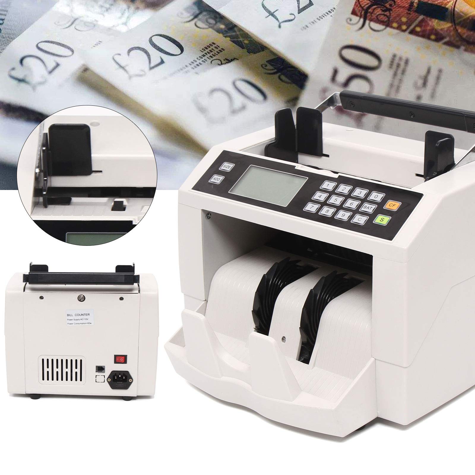High-Speed Money Counter Machine with Counterfeit Detection - 110V, 100 Bill Capacity (0-9999 Count) for USD, EUR, GBP - LED Display Cash Counter for Banks, Retail Stores & Small Businesses