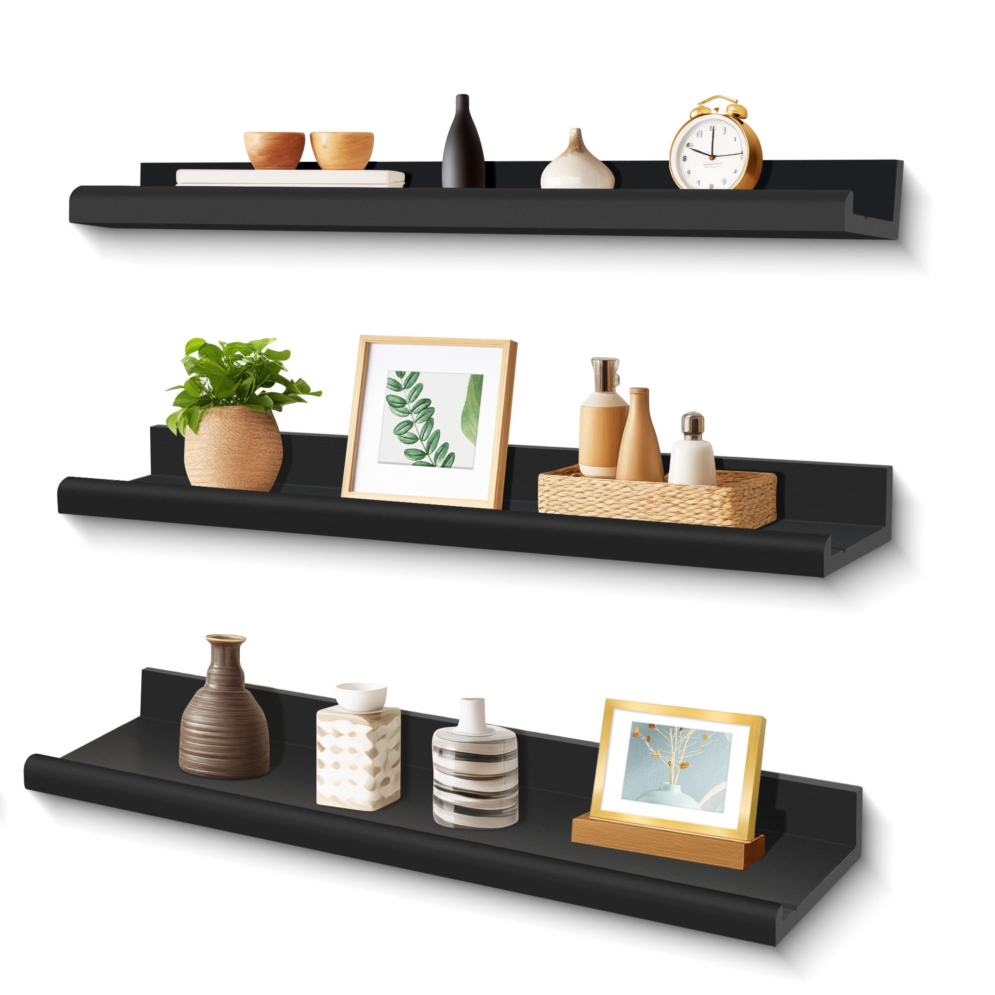 Annecy Floating Shelves Set of 3 - 23.6 Inch Black Rustic Wood Wall Shelves with Guardrail | Storage Shelves for Bedroom, Bathroom, Kitchen & Office | 3 Different Sizes | Perfect for Home Decor, Organizing & Displaying Photos/Books/Plants