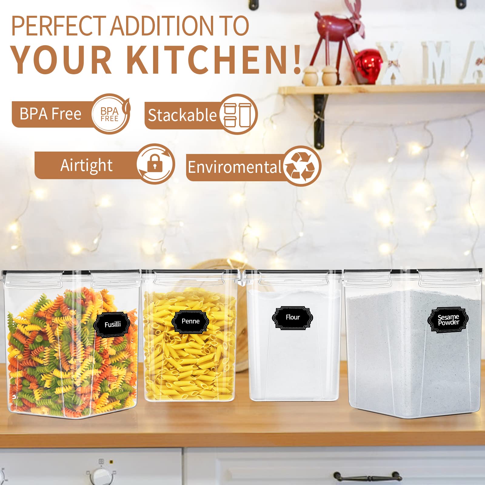 Large Airtight Food Storage Containers with Lids - 4-Piece 5.2L Set for Kitchen Pantry Organization | Perfect for Cereal, Flour & Baking Supplies | Includes Labels & Marker | Ideal for Meal Prep, Bulk Food Storage & Countertop Organization