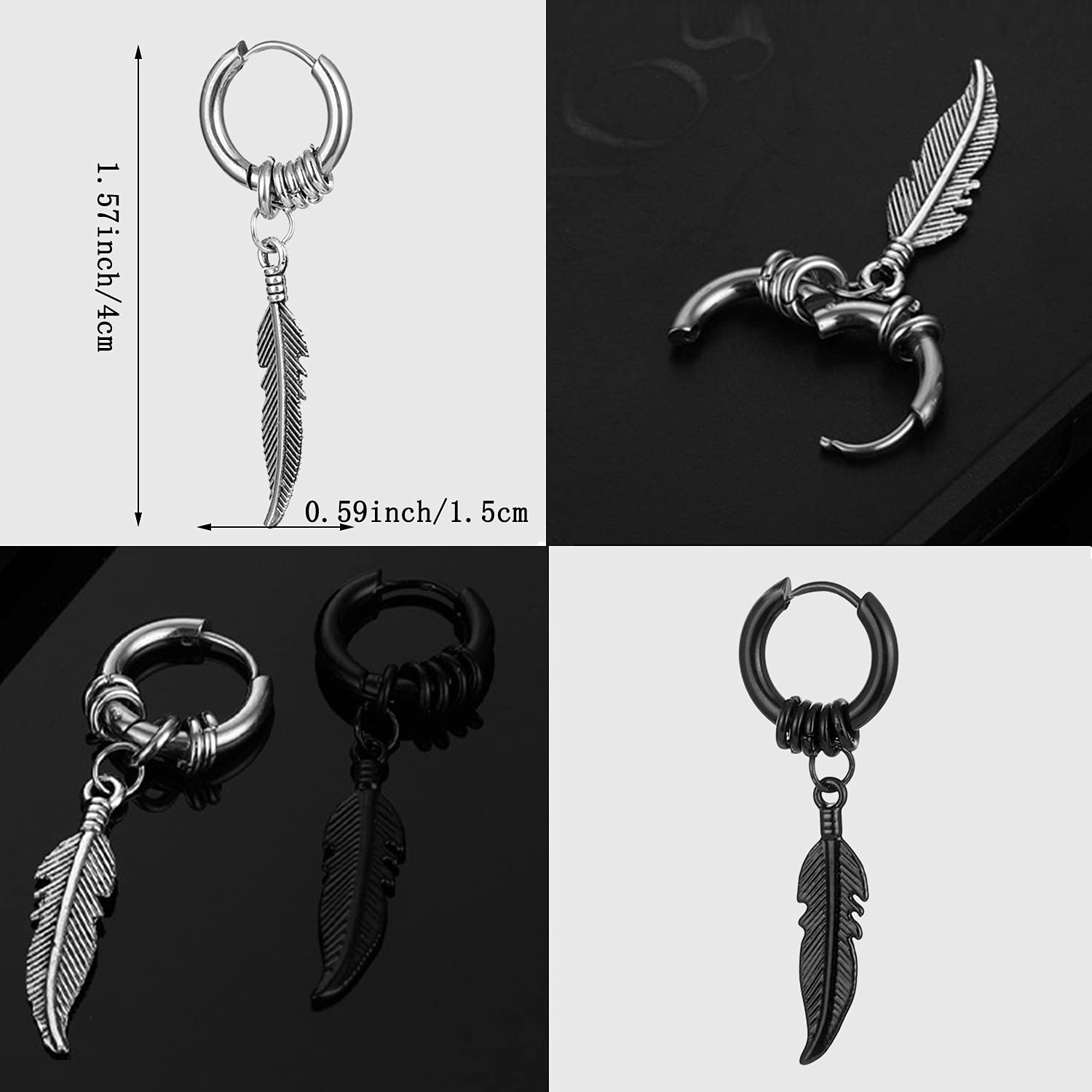 Stainless Steel Punk Drop Dangle Hinged Earrings - Gothic Feather Hoop Earrings for Men & Women | Perfect for Concerts, Parties & Alternative Fashion