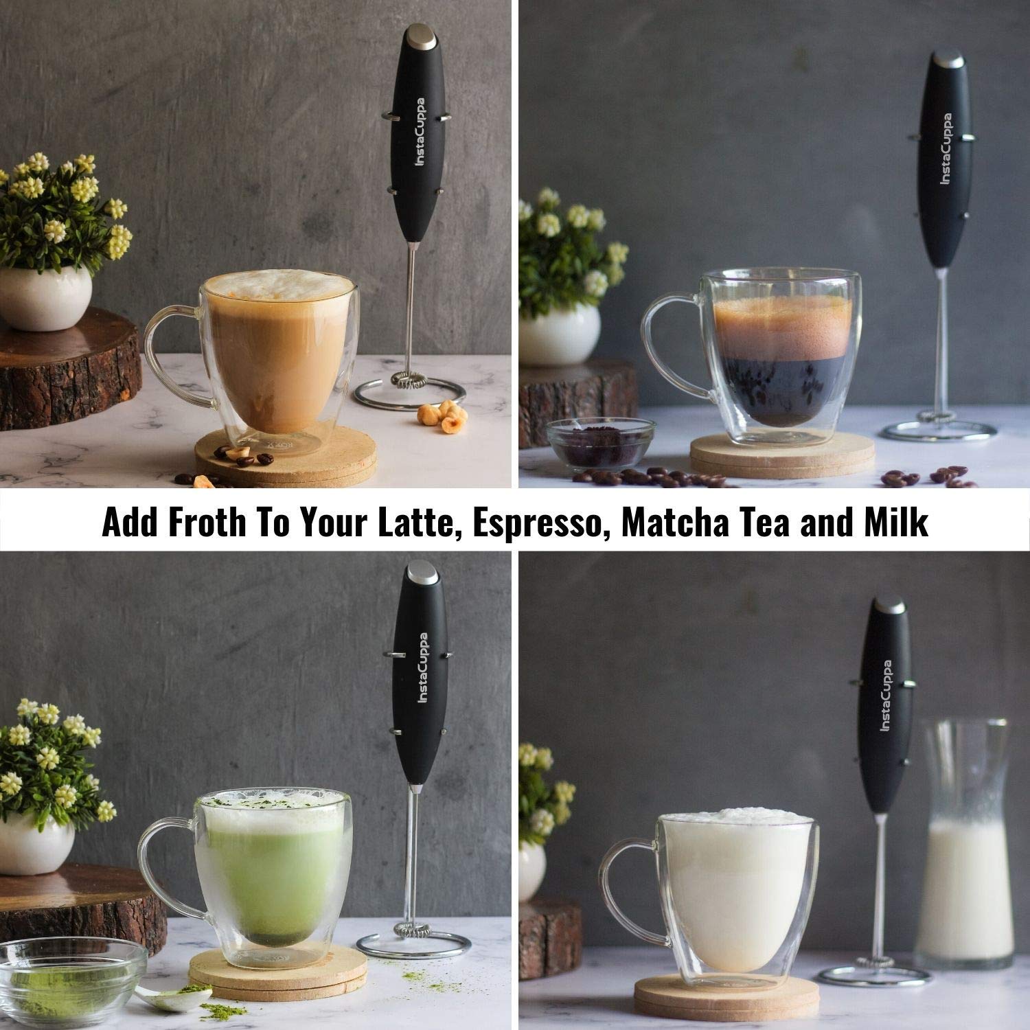 InstaCuppa Electric Milk Frother - Handheld Battery-Operated Coffee Foam Maker for Cappuccino, Latte & Hot Chocolate | Portable Milk Whisk with Stainless Steel Whisk & Stand | Perfect for Home, Office & Travel Use