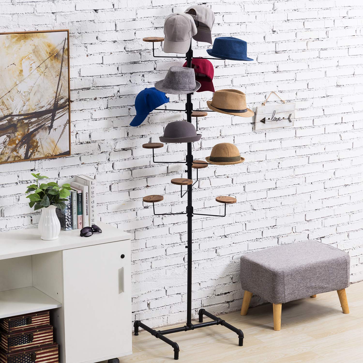 MyGift 16-Hook Industrial Black Metal Pipe Hat Display Rack - Freestanding Customizable Retail Hats & Wigs Stand with Rustic Wood Holders - Perfect for Boutiques, Clothing Stores & Home Decor