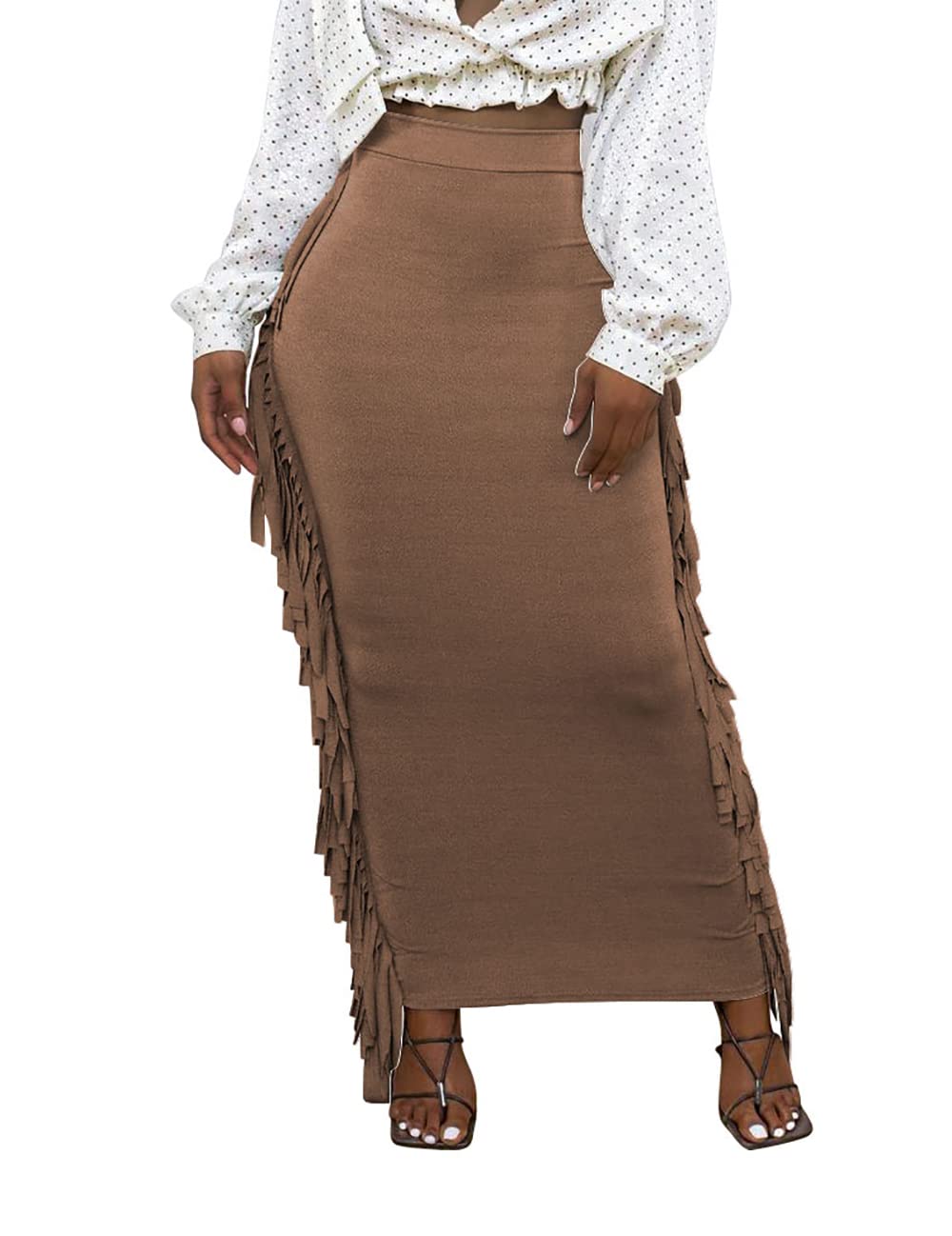 Lrady Women's Stretchy High Waist Slim Fit Bodycon Long Pencil Skirt with Side Tassels - Perfect for Office, Party & Evening Wear
