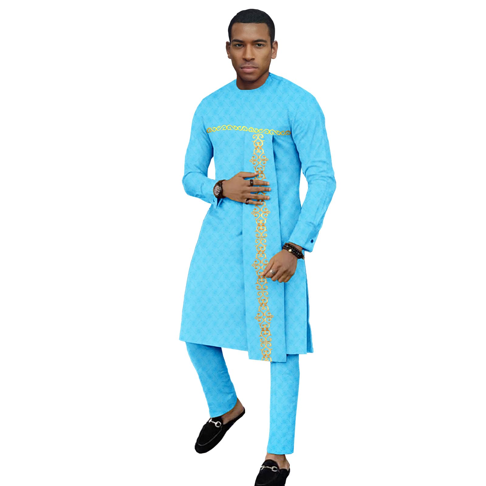 Bazin Riche African Traditional Clothing Set for Men - Dashiki Print Long Coat & Ankara Pants 2-Piece Outfit | Cultural Events, Weddings & Festivals