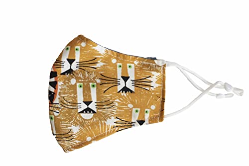 Organic Cotton Kids Face Mask with Adjustable Ear Loops - 3D Lion & Tiger Print, GOTS Certified, Soft, Breathable & Washable (X-Small) - Perfect for School, Travel & Outdoor Activities