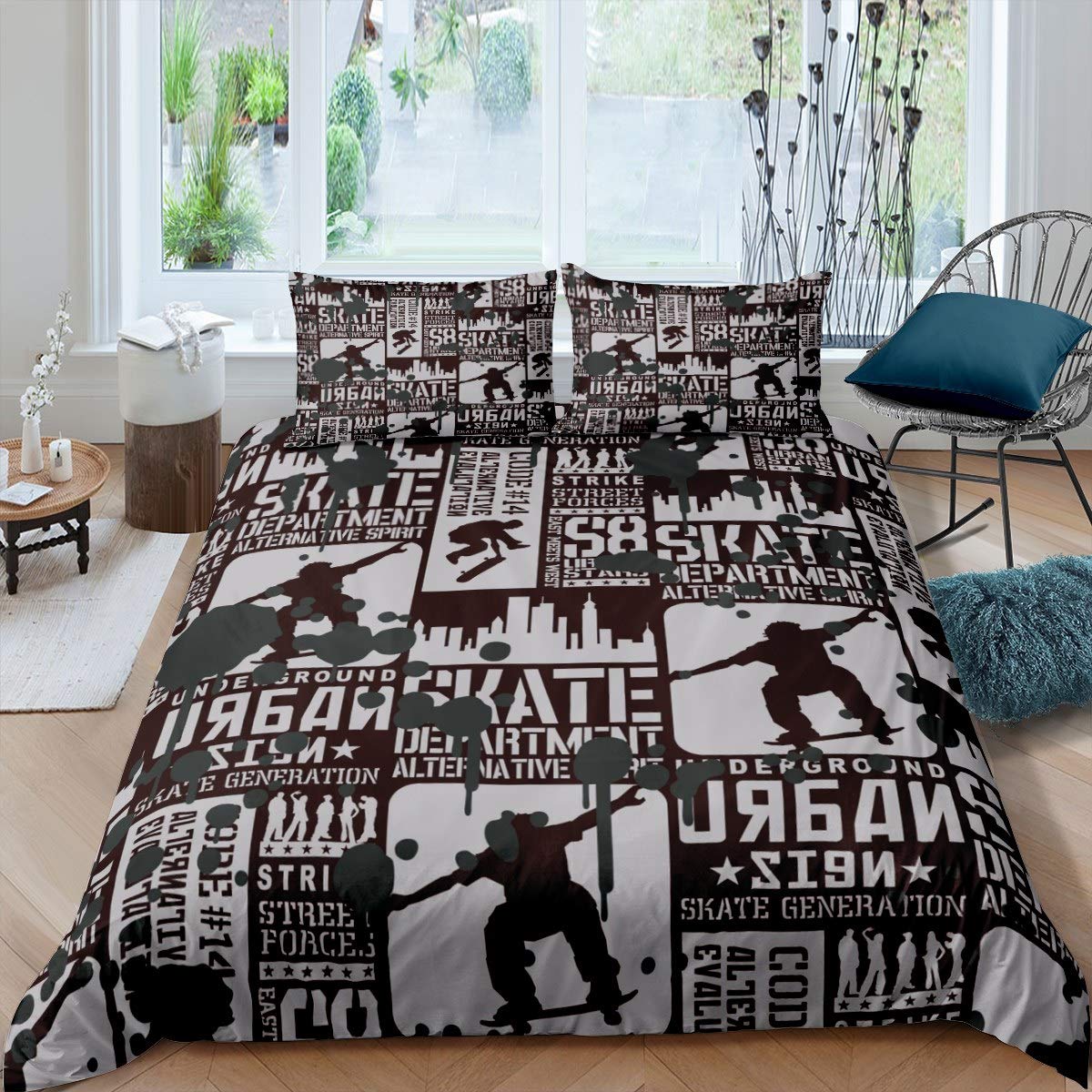 Feelyou Vintage Graffiti Art Hippie Skateboard Duvet Cover Set - 3 Piece King Size Bedding for Boys & Teens - Perfect for Skateboard Enthusiasts' Bedrooms & Dorm Decor