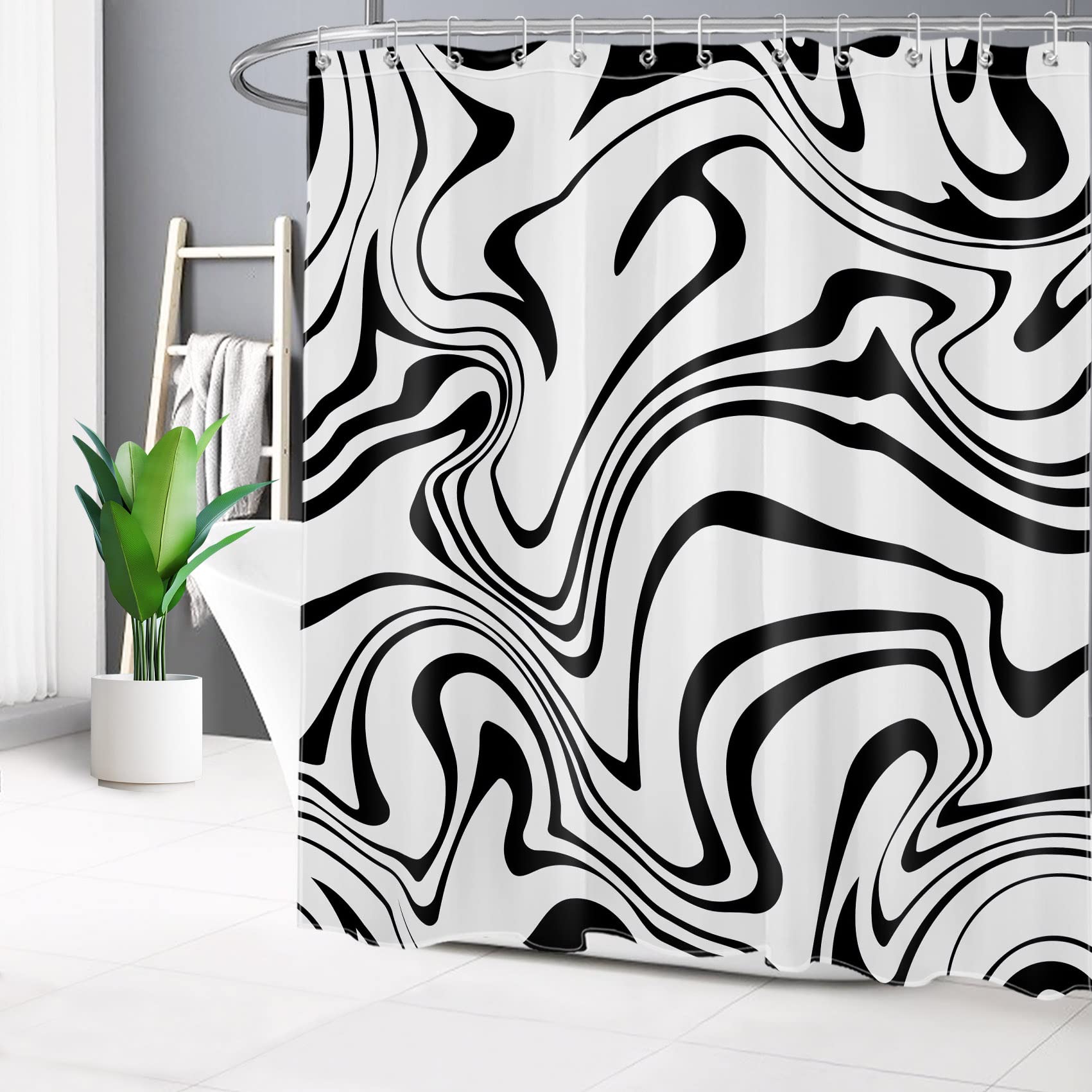 HVEST Black and White Abstract Line Shower Curtain - Modern Aesthetic Bathroom Decor with Hooks, 72x78 Inches, Waterproof Polyester Fabric - Perfect for Contemporary Bathrooms and Spa-Like Showers