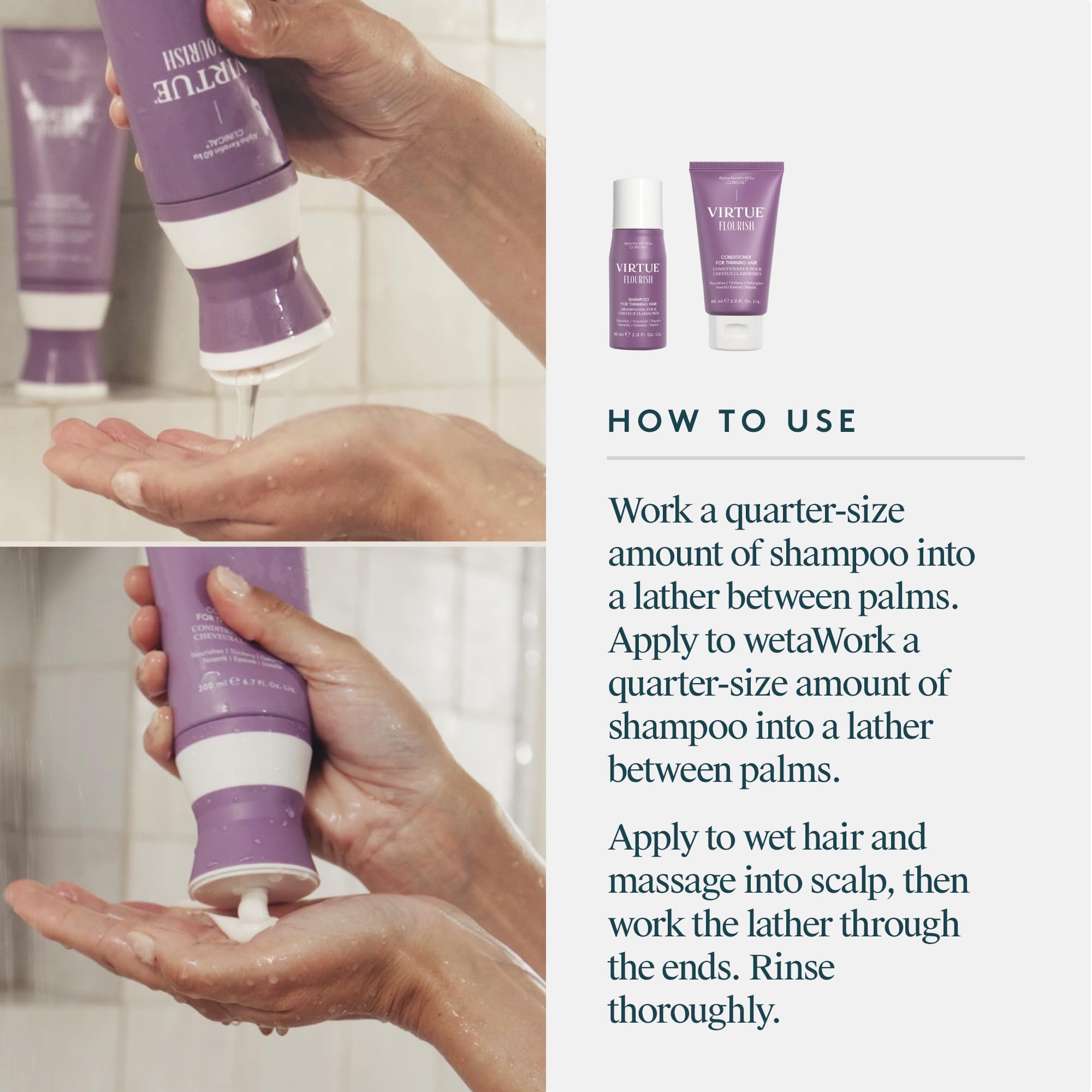 Virtue Flourish Shampoo & Conditioner Set for Fine/Thinning Hair - Sulfate-Free Hair Growth Treatment - Travel Size (2.5oz) - Volumizing & Strengthening for Daily Use at Home or On The Go