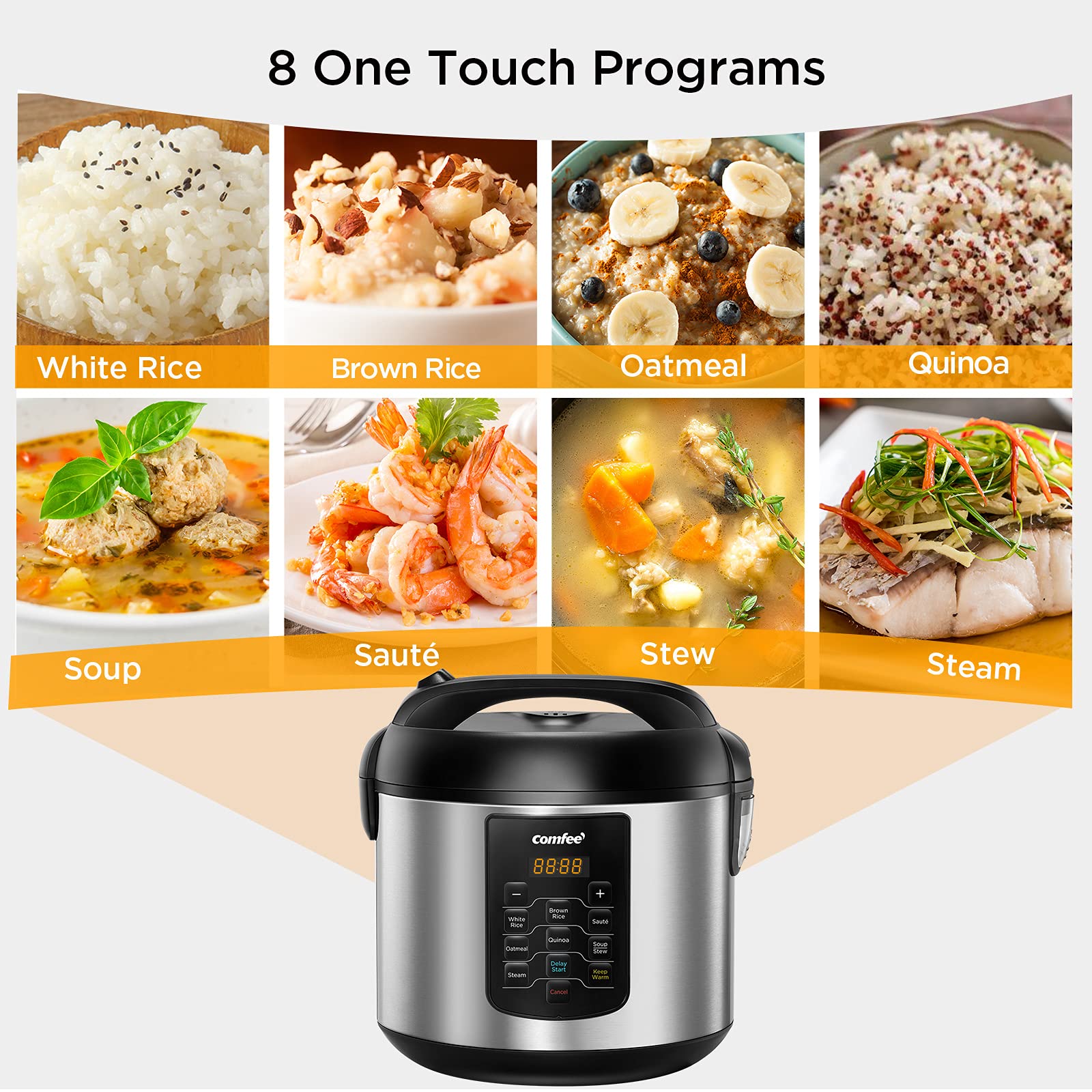 COMFEE' 10-Cup Uncooked (20-Cup Cooked) Rice Cooker & Steamer - 5.2QT Large Capacity Multi-Functional Rice Maker with Saute, Warmer & 8 One-Touch Programs for Brown Rice, Quinoa, Oatmeal - Perfect for Family Meals, Meal Prep & Healthy Cooking