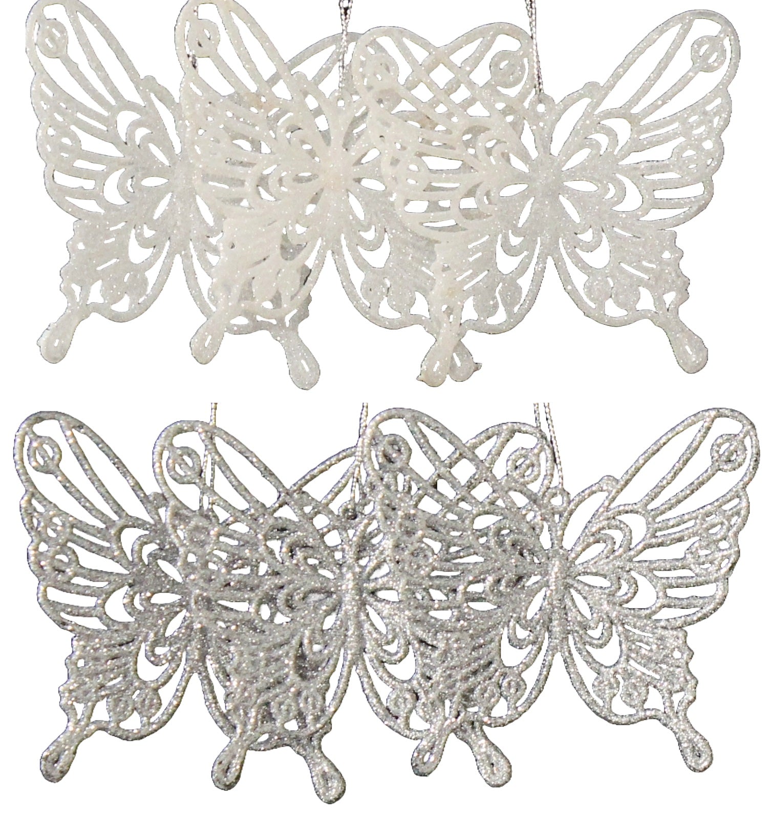 3 Pack of Glitter Butterfly Ornaments - White & Silver Christmas Tree Decorations for Holiday Party, Wedding, Home Decor and Gift Giving