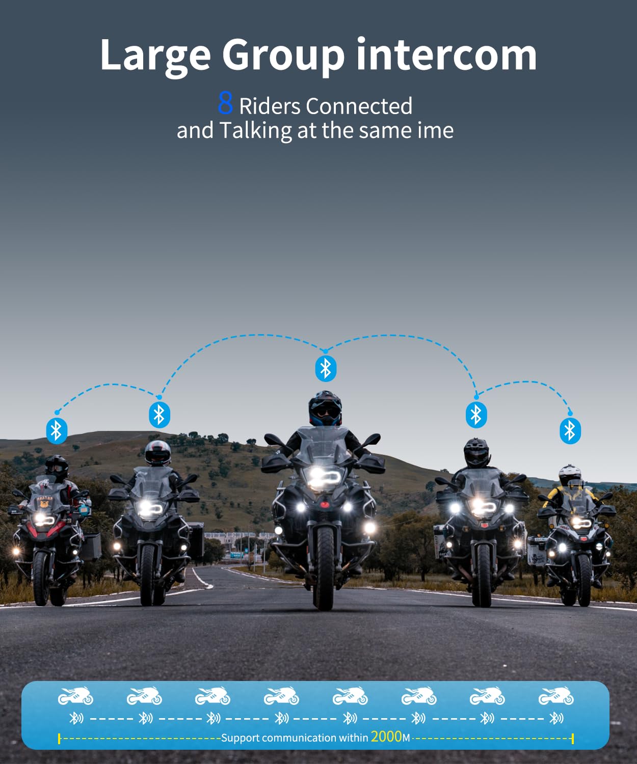 FODSPORTS FX8 Bluetooth Motorcycle Helmet Headset - 8 Rider Intercom, EQ Sound & FM Radio, Music Sharing - Compatible with ATV, Dirt Bike & Off-Road Riding - Perfect for Group Rides & Adventure Touring