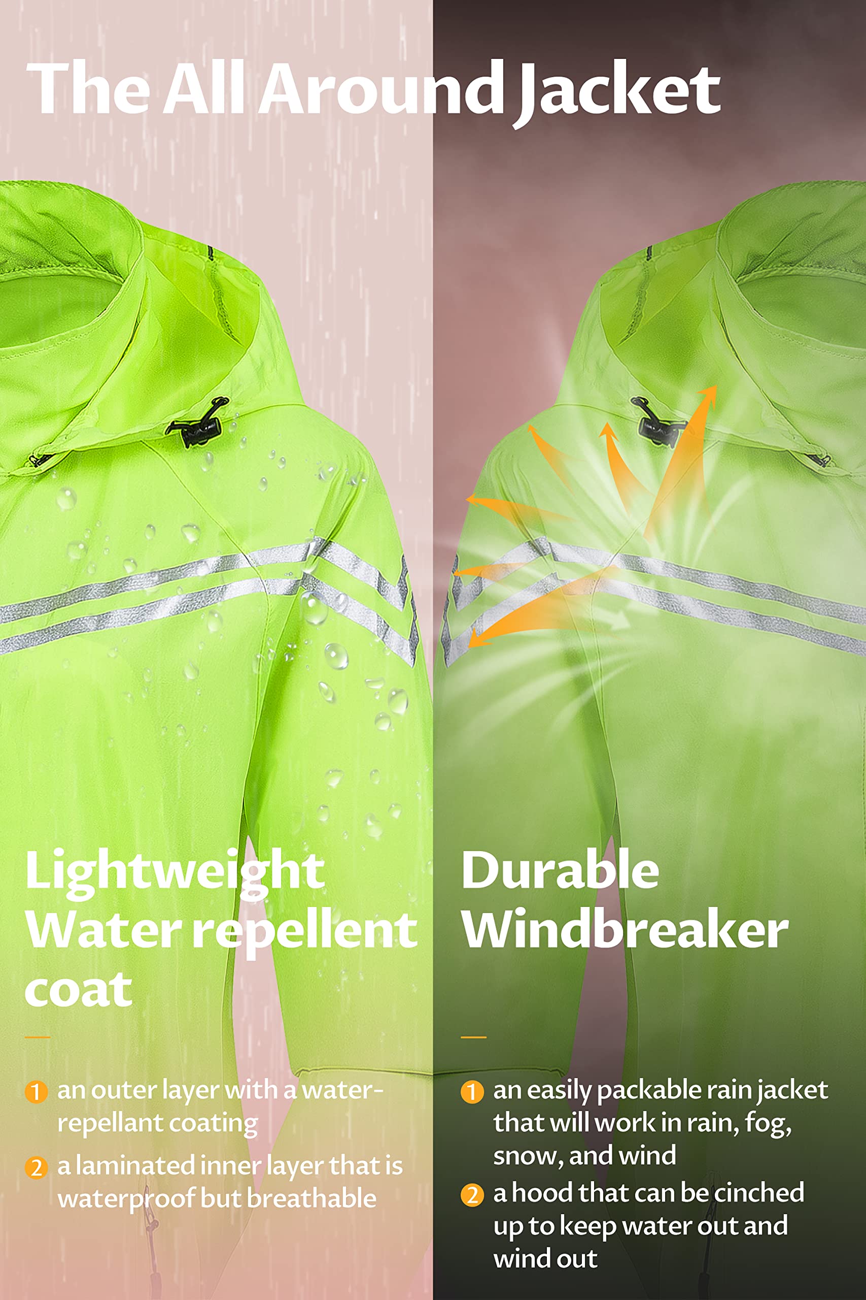CREATMO Women's Lightweight Packable Waterproof Running Jacket - Reflective Windbreaker Raincoat with Detachable Hood for Cycling, Hiking & Outdoor Activities