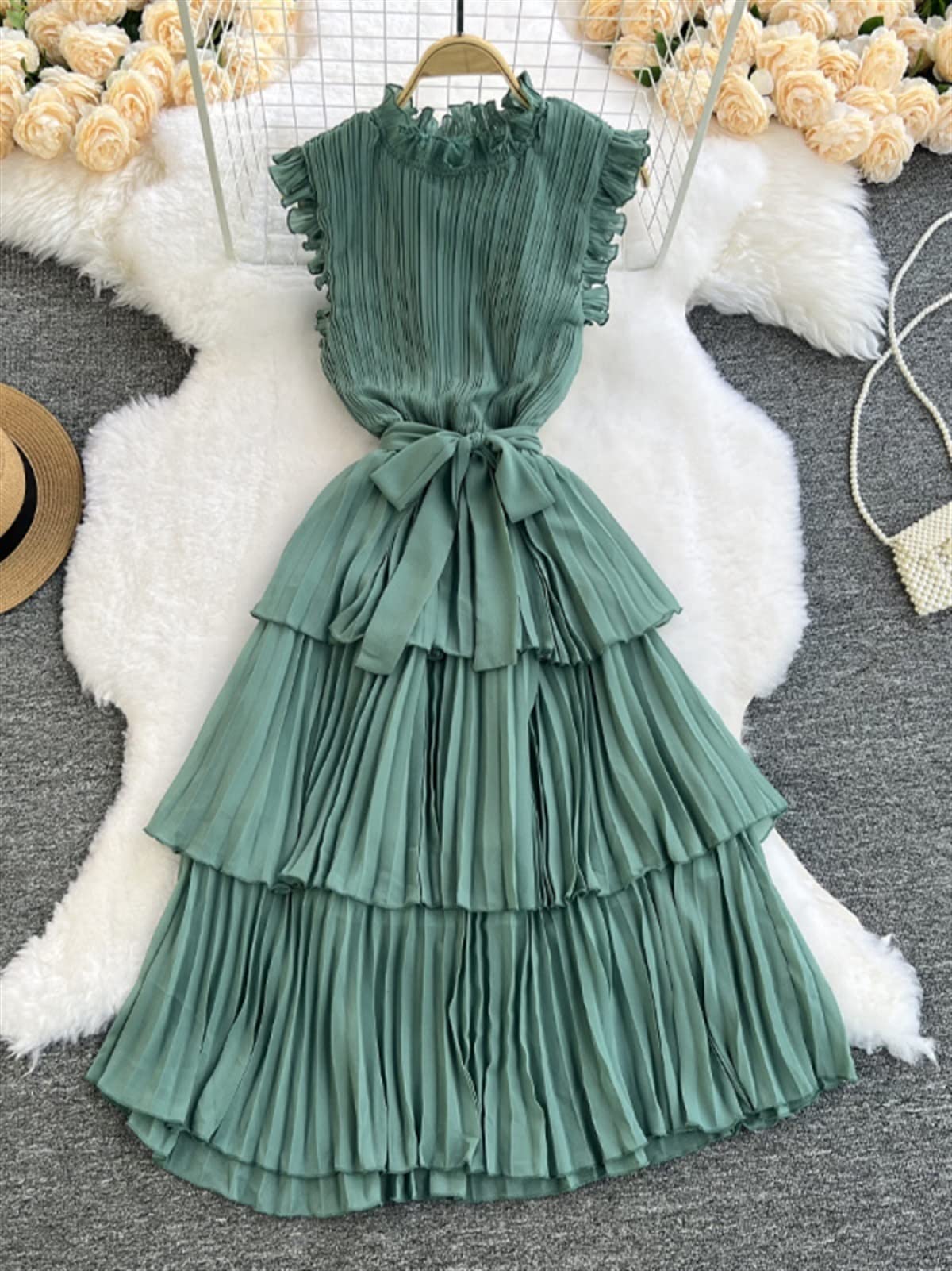 Elegant Chiffon Sleeveless Midi Dress for Women - Summer Layered Cake Skirt with Waist Definition (Green, One Size) | Perfect for Beach Vacations, Garden Parties & Date Nights
