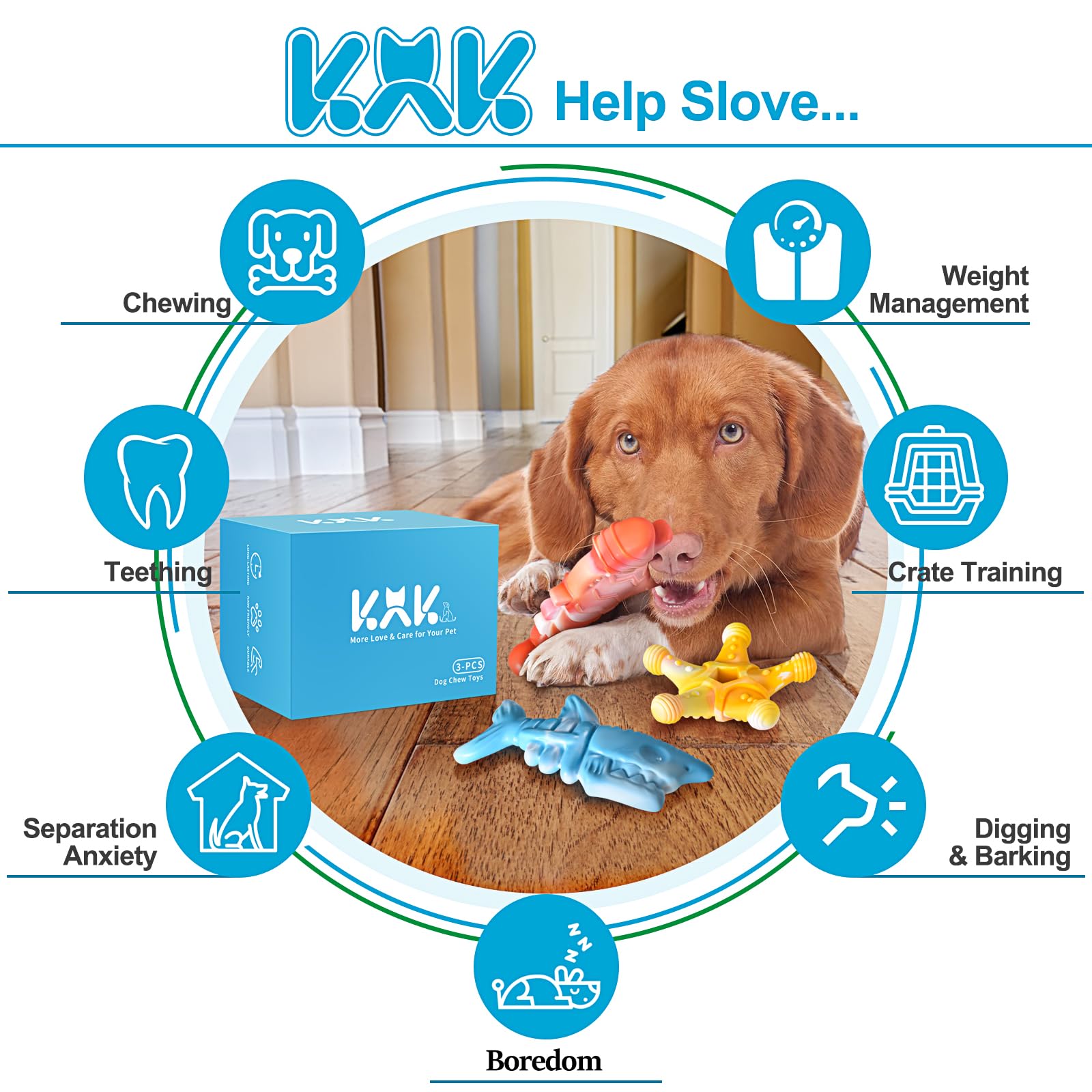 KXK 3-Pack Indestructible Dog Toys for Aggressive Chewers - Durable Chew Toys for Large & Medium Breed Dogs - Super Tough Dog Bone Toys for Powerful Chewers - Perfect for Playtime, Training & Anxiety Relief