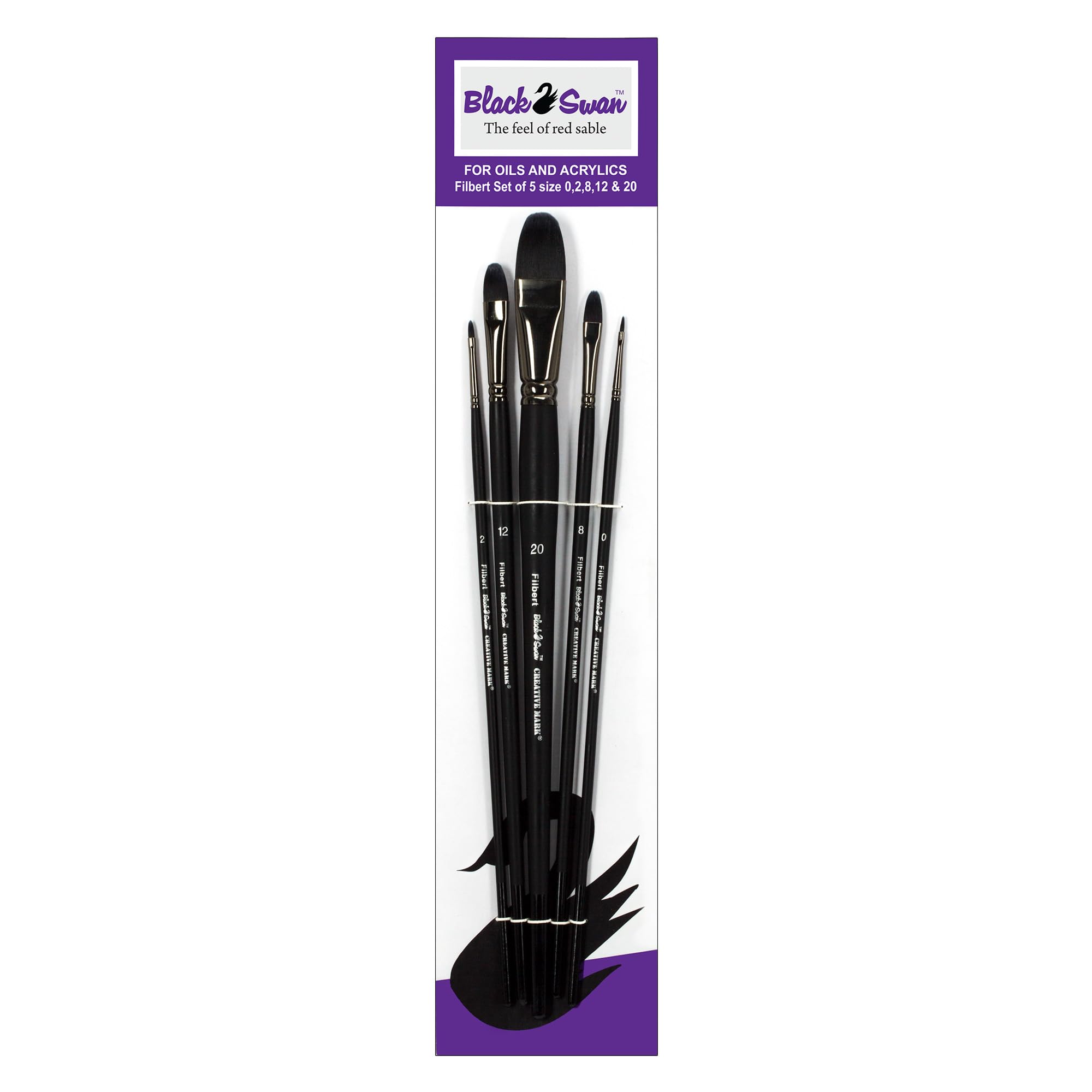 Premium Black Swan Synthetic Red Sable Filbert Paint Brushes - Set of 5 Professional Artist Brushes for Oil, Acrylic & Heavy Body Media - Long Handle Design for Comfort & Control - Perfect for Canvas Painting, Portrait Work & Fine Art Techniques