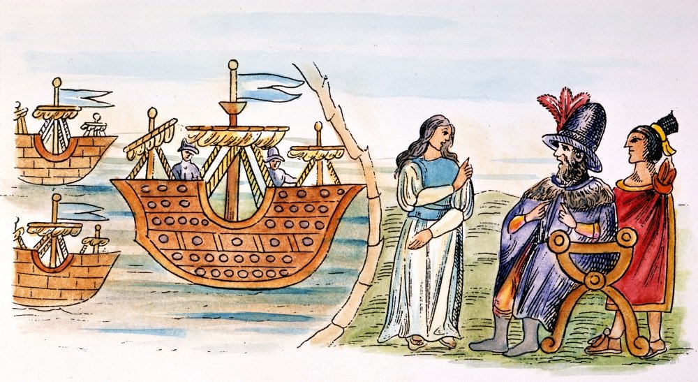 Spanish Conquest: Cortes & Montezuma Meeting Interpreter - Historical Art for Home Decor