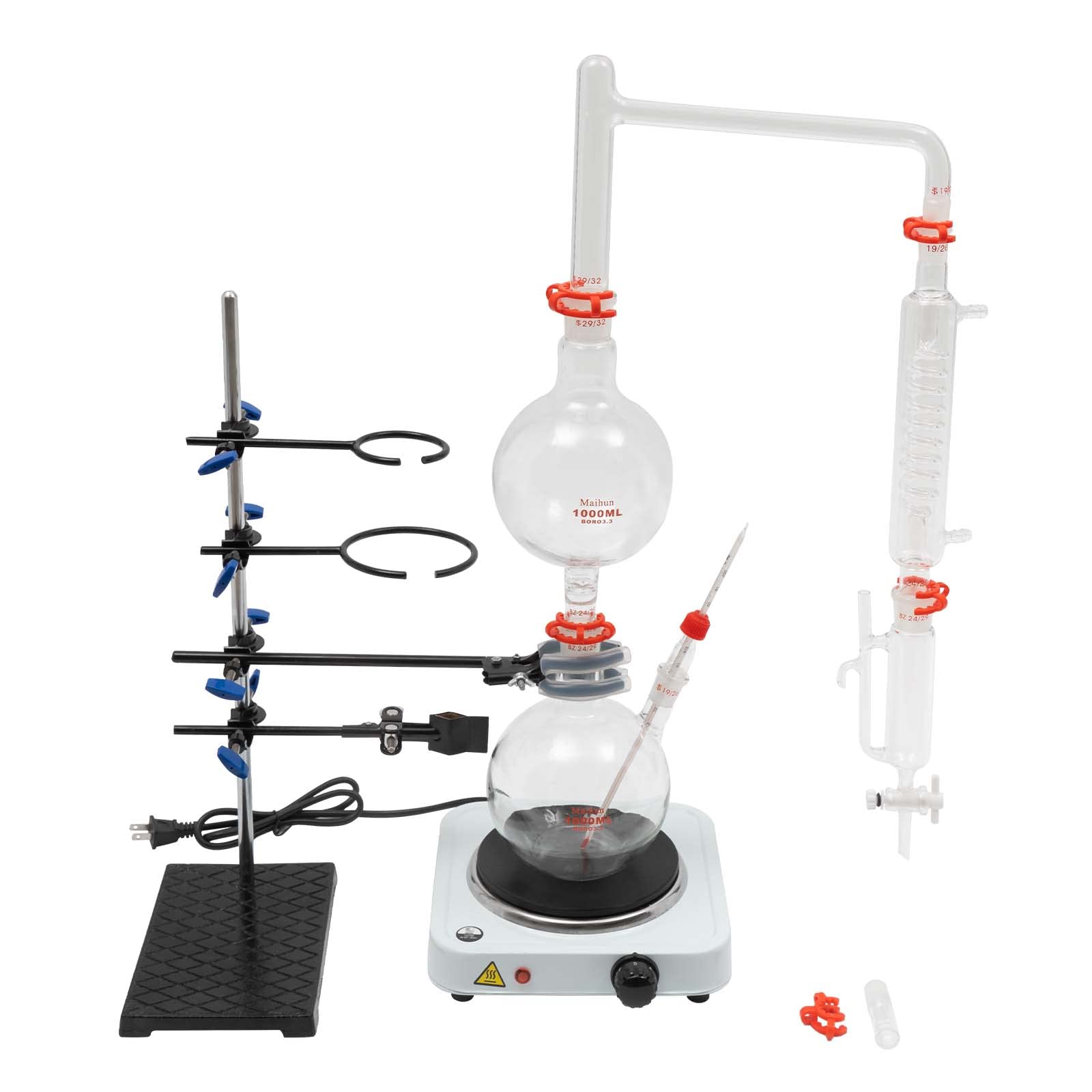 1000ml Essential Oil Distillation Kit - Lab Glassware Set with Graham Condenser & Hot Stove, 19/26 & 24/29 & 29/32 Joints - Perfect for Aromatherapy, Herbal Extraction & Home Distilling