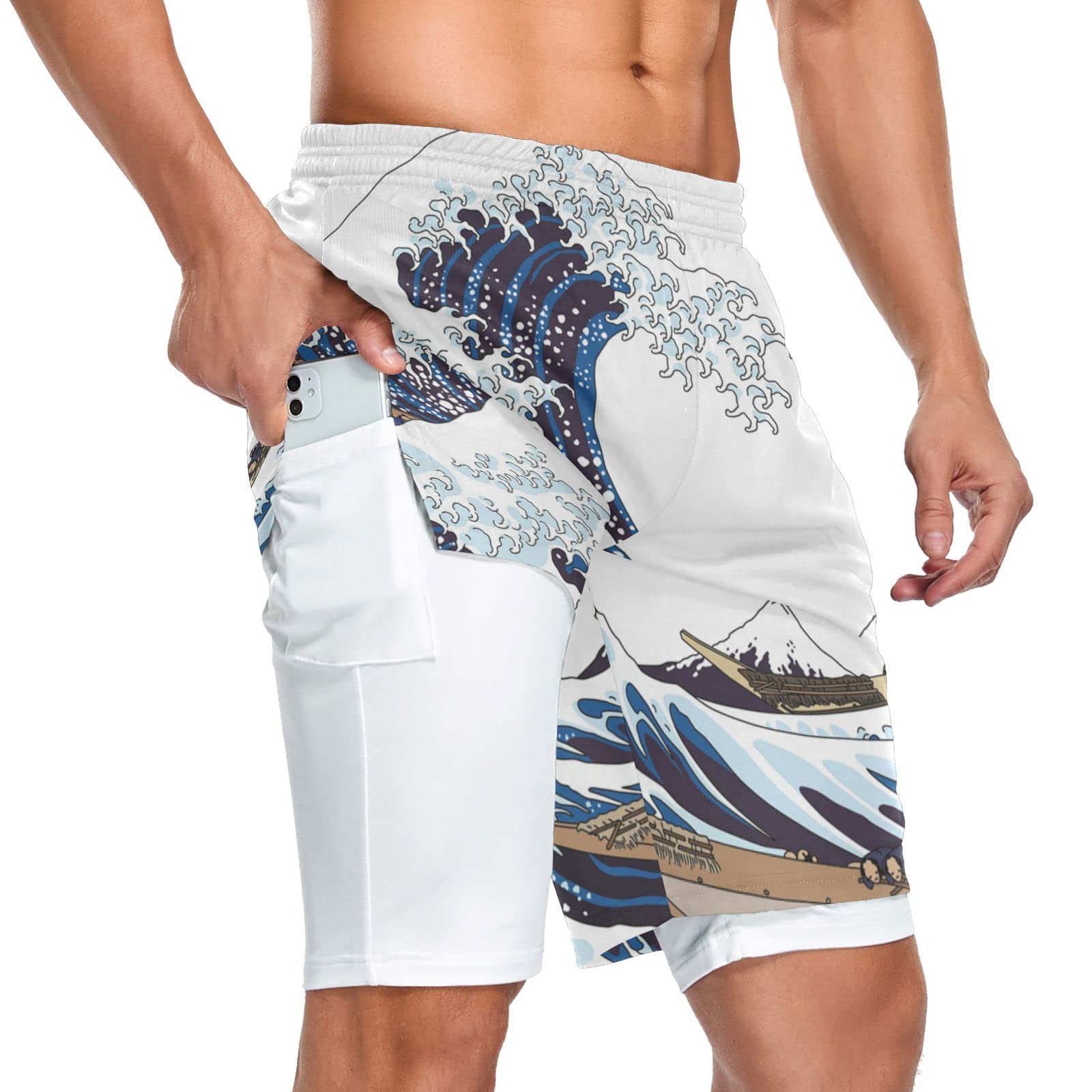 JHKKU Men's 2-in-1 Quick Dry Running Shorts with Pockets & Towel Loop - Lightweight Athletic Workout Shorts for Gym, Jogging & Outdoor Sports | Ocean Wave Design
