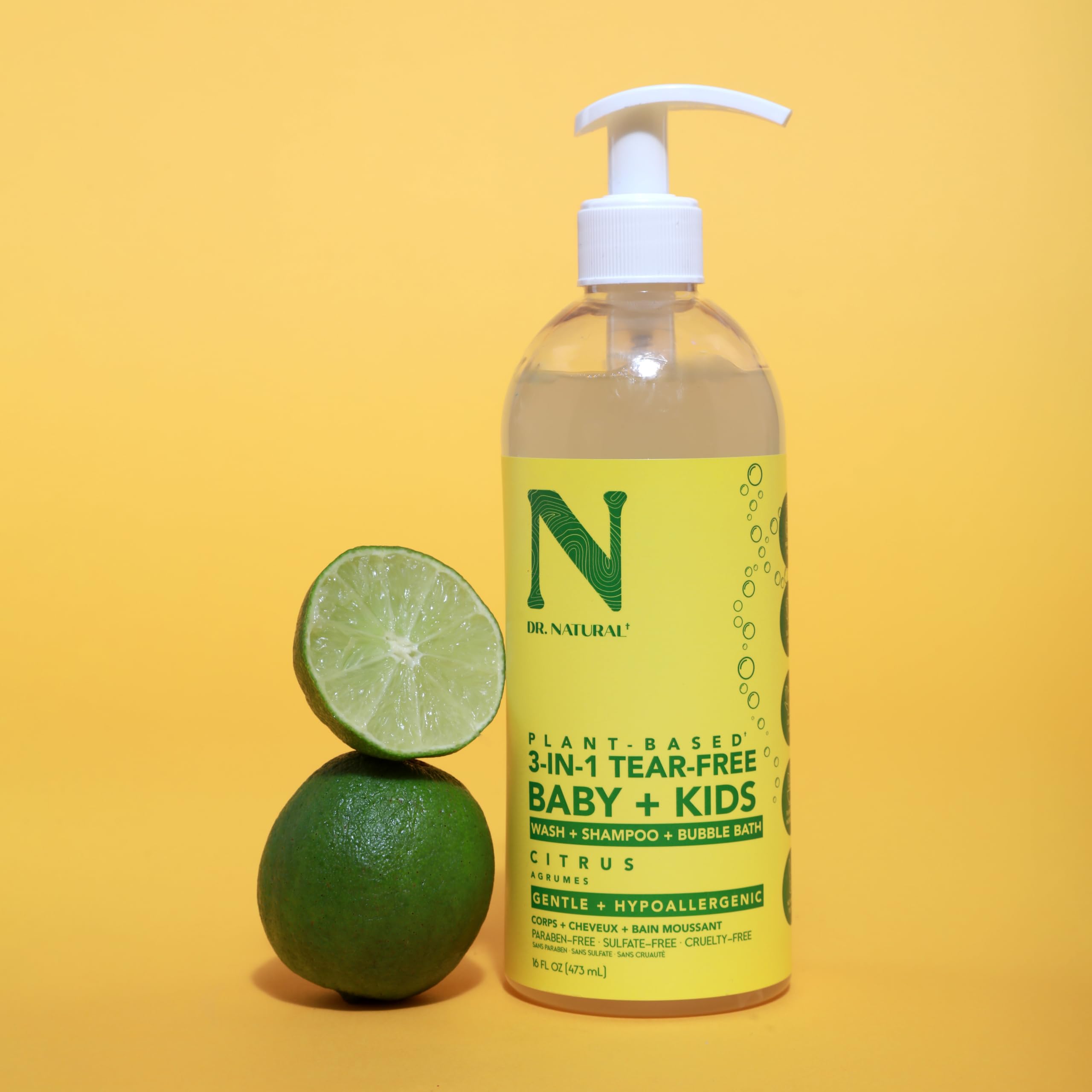 Dr. Natural 3-in-1 Tear-Free Baby & Kids Soap - Citrus Scented 16 oz | Plant-Based Baby Shampoo, Body Wash & Bubble Bath | Sulfate-Free, Paraben-Free, Hypoallergenic for Sensitive Skin | Infused with Essential Oils | Perfect for Newborns, Toddlers & Children's Daily Bath Time