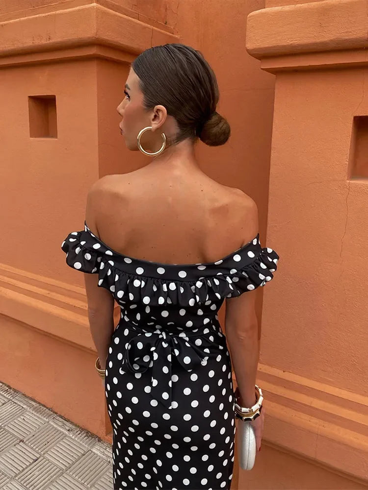 Elegant Polka Dot Print Ruffles Maxi Dress for Women - Strapless Slash Neck Backless Party Dress | Sexy Clubwear & Evening Gown for Night Out, Date Night, Cocktail Party