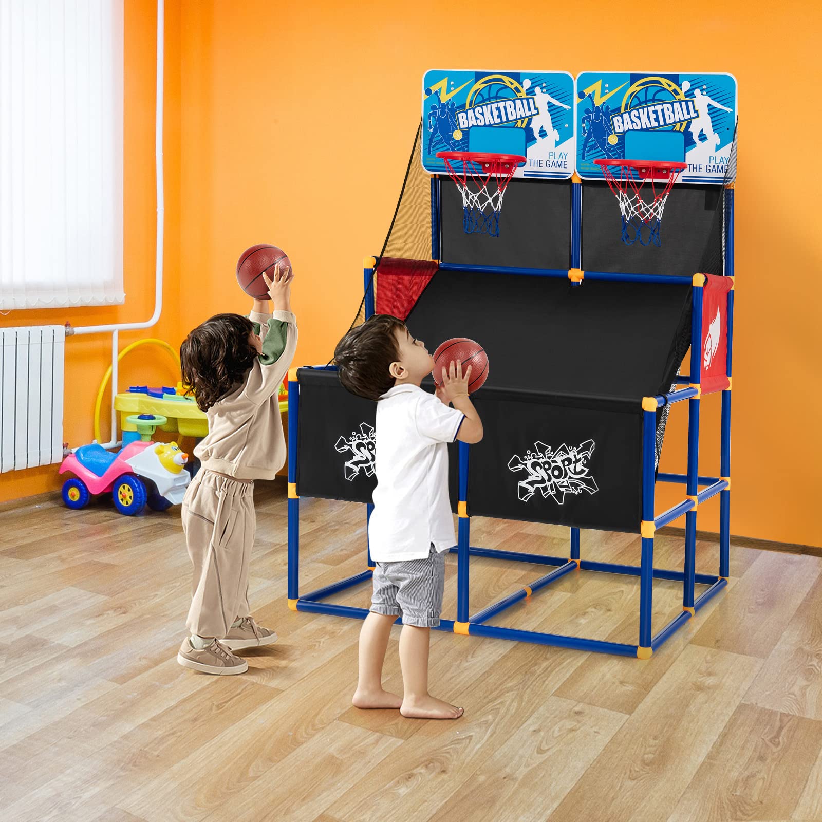 GYMAX Double Shot Arcade Basketball Game for Kids - Indoor Basketball Set with 2 Backboards, 4 Balls & Air Pump - Perfect for Playrooms, Birthday Parties & Family Fun
