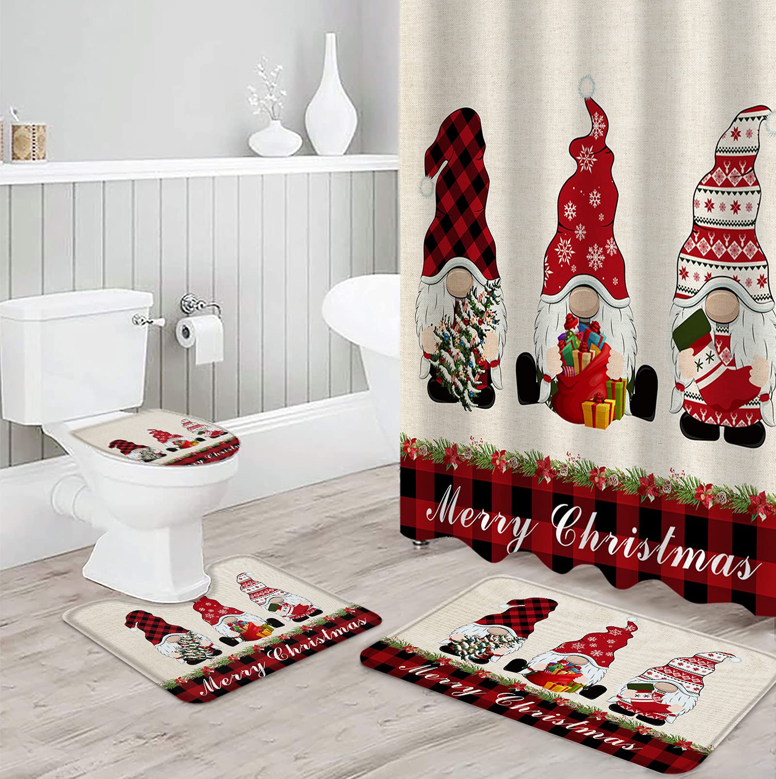 4PCS Christmas Bathroom Mat Set - Non-Slip Gnome Buffalo Check Plaid Shower Curtain Rugs & Toilet Seat Cover - Farmhouse Holiday Decor for Xmas Bathroom, Kitchen, and Guest Room