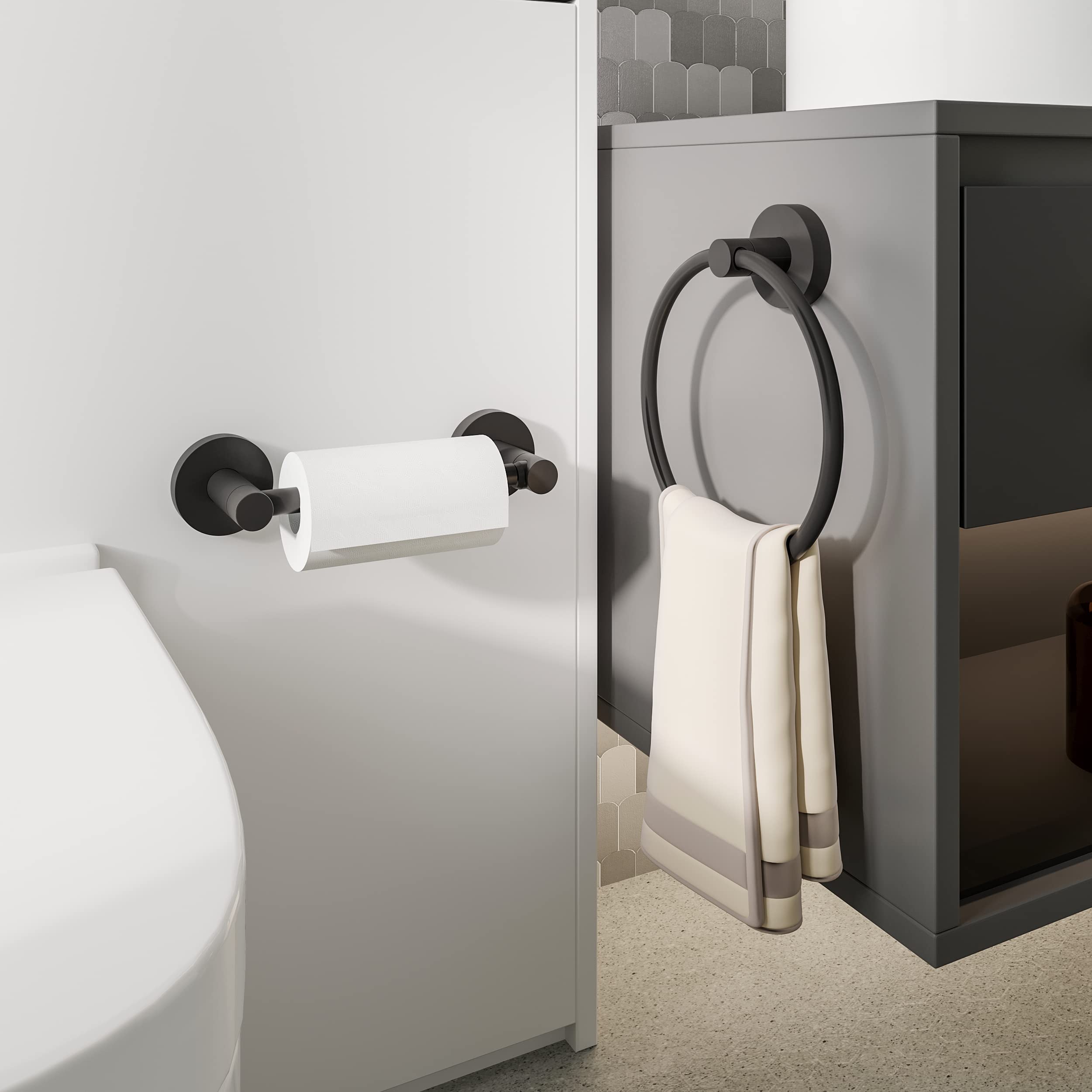Fixsen 2-Piece Matte Black Bathroom Hardware Set - Stainless Steel & Zinc Alloy Wall Mounted Towel Ring & Toilet Paper Holder - Perfect for Modern Bathrooms, Powder Rooms & Guest Bath Decor