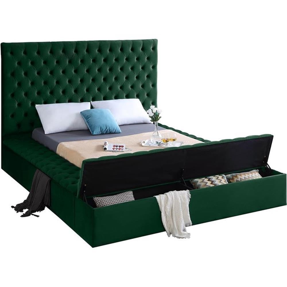 MAKLAINE Contemporary Solid Wood Tufted Velvet King Size Bed Frame in Emerald Green - Luxurious Bedroom Furniture for Modern Master Bedroom Decor