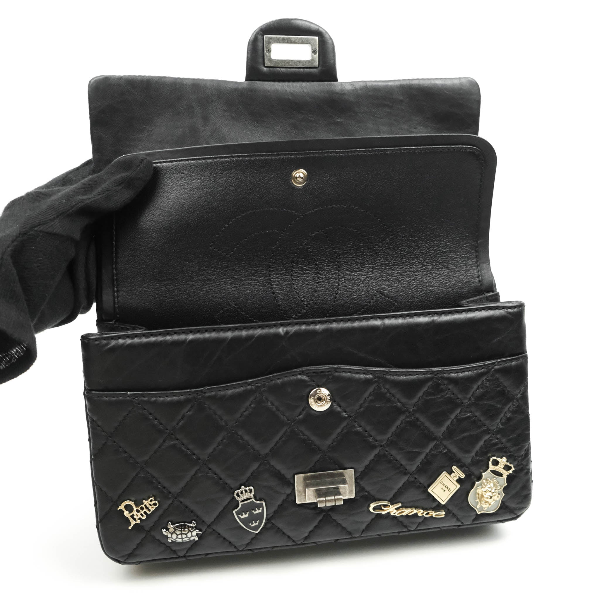 Authentic Chanel 2.55 Reissue 225 Flap Bag in Black Crumpled Calfskin with Ruthenium Hardware & Lucky Charms - Luxury Crossbody Purse for Women, Perfect for Date Night & Special Occasions