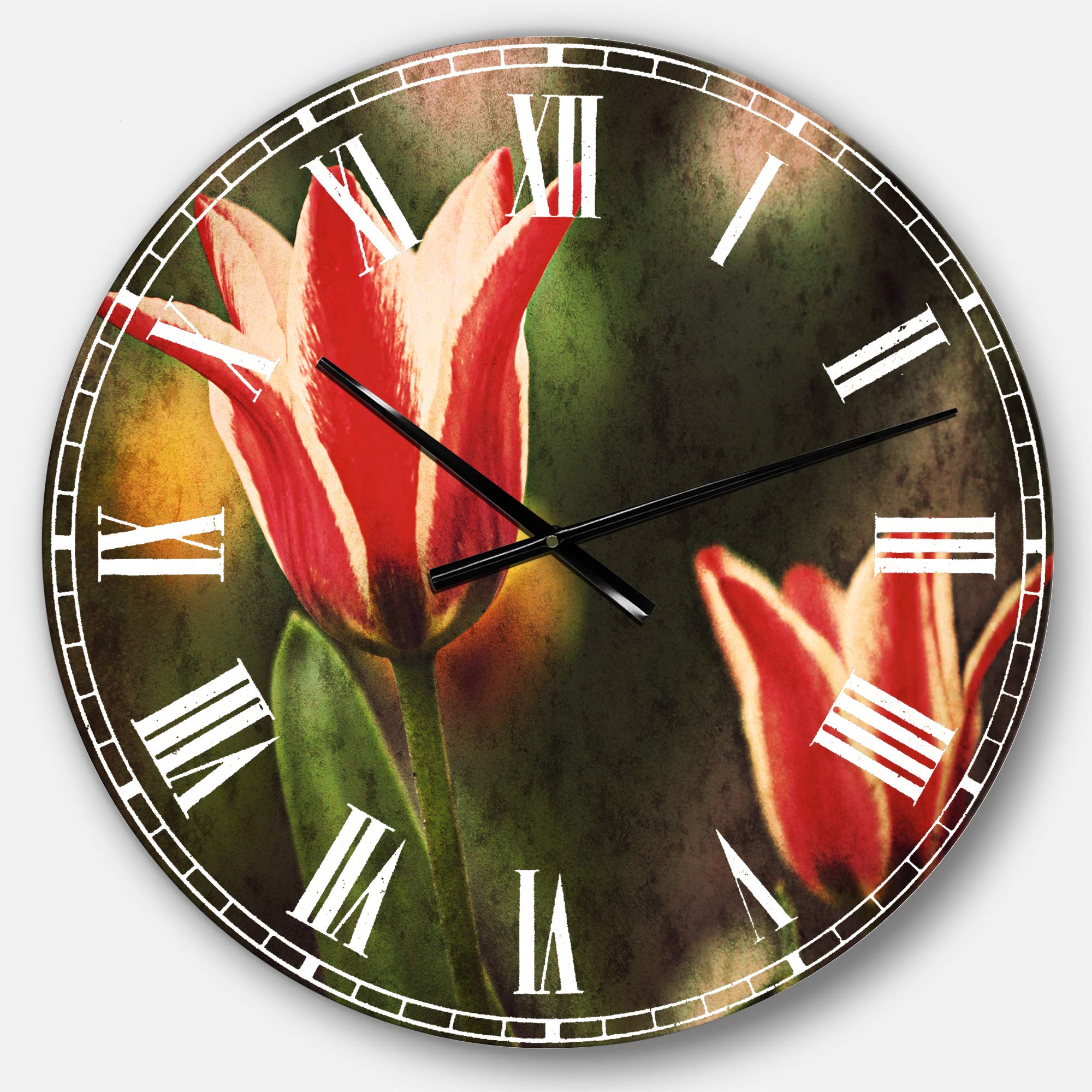Designart Large Tulips on Green Background Traditional Round Wall Clock - Metal Wall Art Decor for Living Room, Bedroom, Office | Perfect for Home Decor & Gift Giving