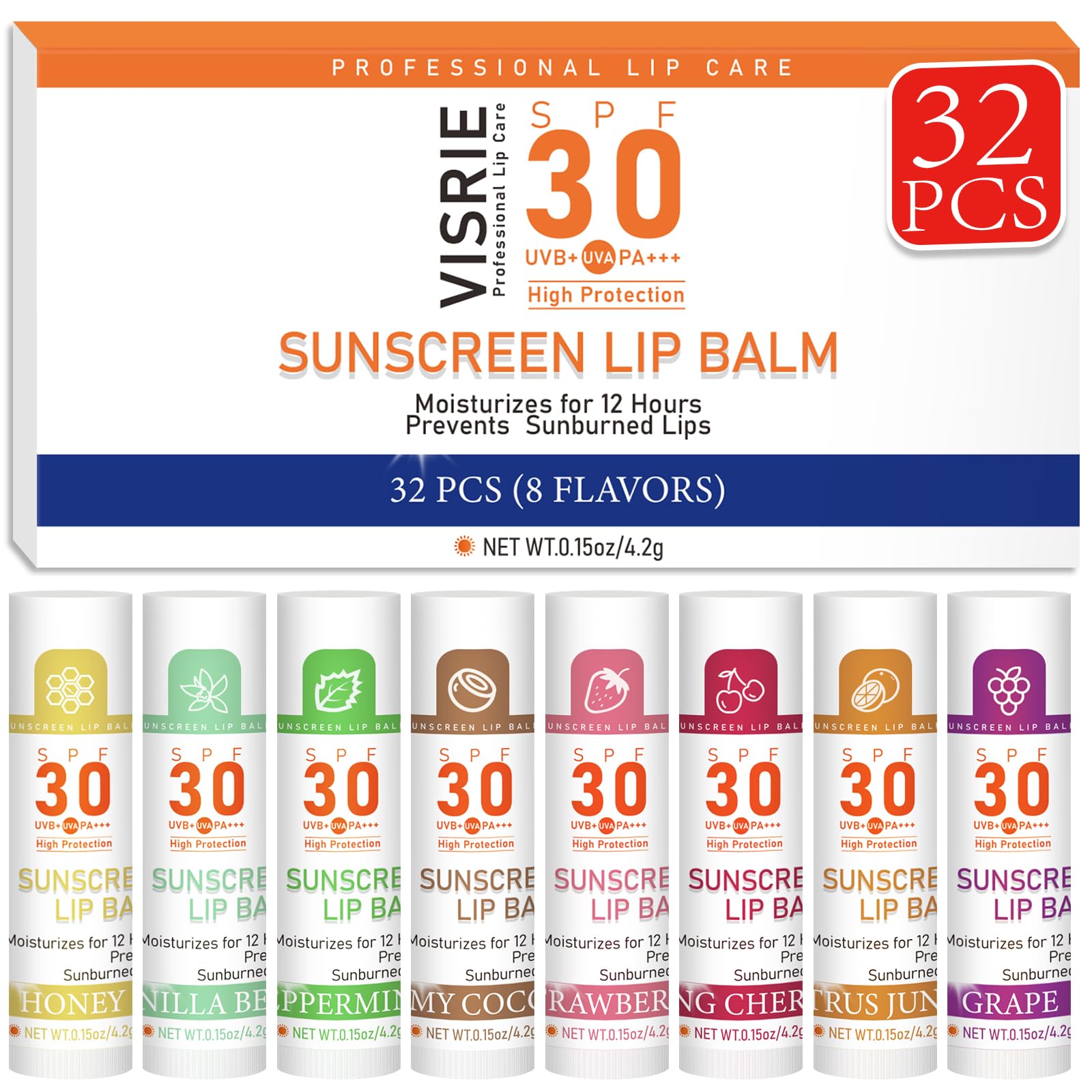 SPF 30 Lip Balm with Sunscreen - 32 Pack Bulk Travel Size, Hydrating Lip Balm with Vitamin E & Coconut Oil - 8 Flavors Variety - Perfect for Outdoor Activities, Hiking, Beach & Daily Lip Care