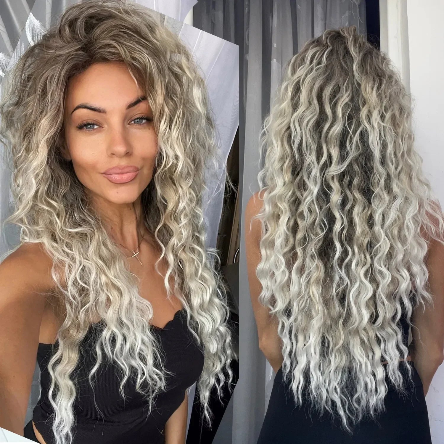 Ash Blonde Synthetic Long Curly Wig for Women - Fluffy Ombre Wave Hairstyle | Perfect for Costume Parties, Carnival, Cosplay & Daily Fashion