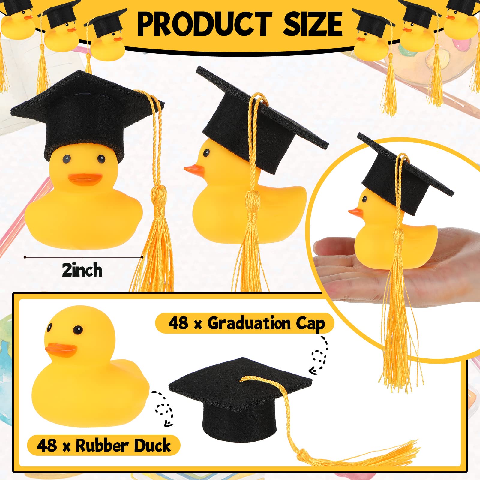 Jerify 48 Pcs Graduation Rubber Ducks with Grad Cap 2024 - Gold Diploma Themed Bath Ducks with Storage Bag - Perfect Graduation Party Favors, Student Gifts & Bath Time Fun for Celebrations