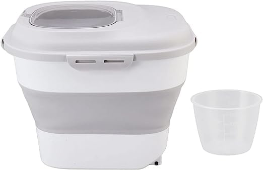 Foldable 30Lb Pet Food Storage Container with Measuring Cup - Airtight Plastic Bin for Dog, Cat & Fish Food - Sealed Lid & Wheels for Easy Transport - Perfect for Home, Kitchen & Pet Supplies Organization