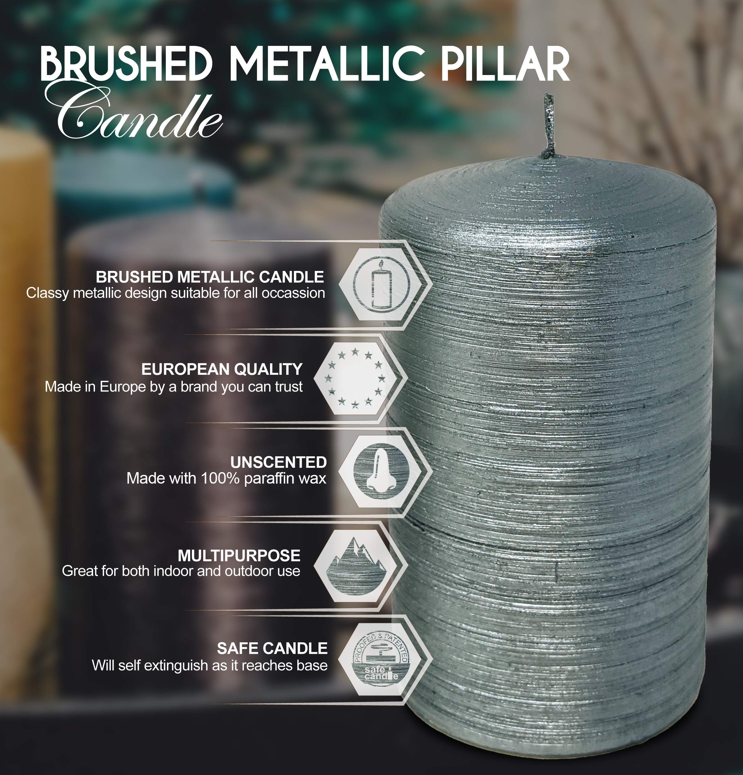 Hyoola Brushed Metallic Pillar Candles - 6 Pack Sage Green Decorative Candles (2.75