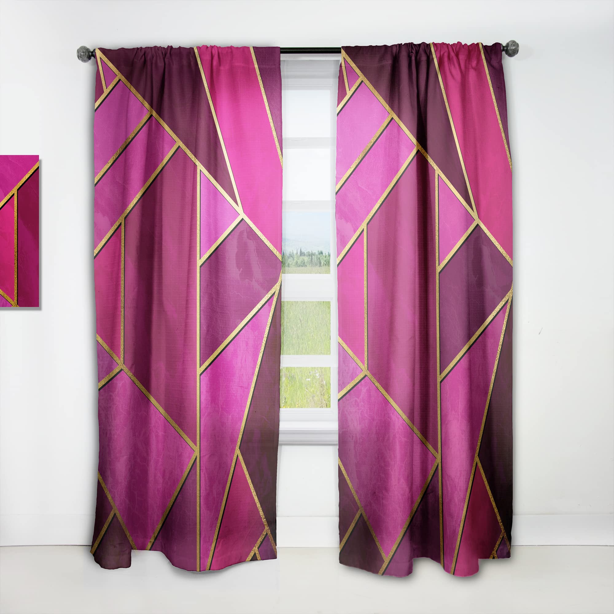 Yellow Geometric Triangle Pink Curtains - Thermal Insulated Single Panel 52x90 Inches - Bedroom & Living Room Window Drapes for Modern Home Decor
