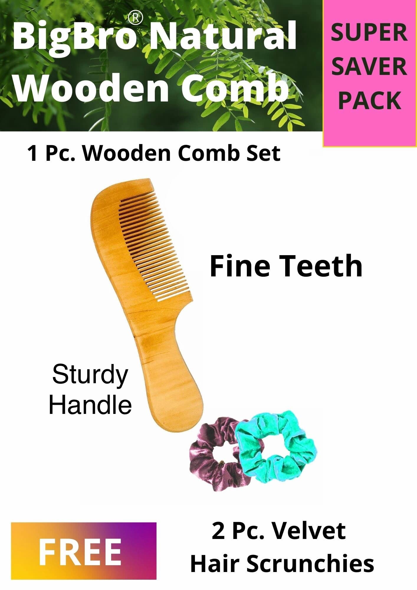 Pure Natural Wooden Comb with Fine Teeth & Handle - Organic Antibacterial Hair Care for Women & Men | Handcrafted Dandruff Remover & Styling Comb | Includes 1 Comb + 2 Velvet Hair Scrunchies | Perfect for Daily Hair Care, Travel & Salon Styling