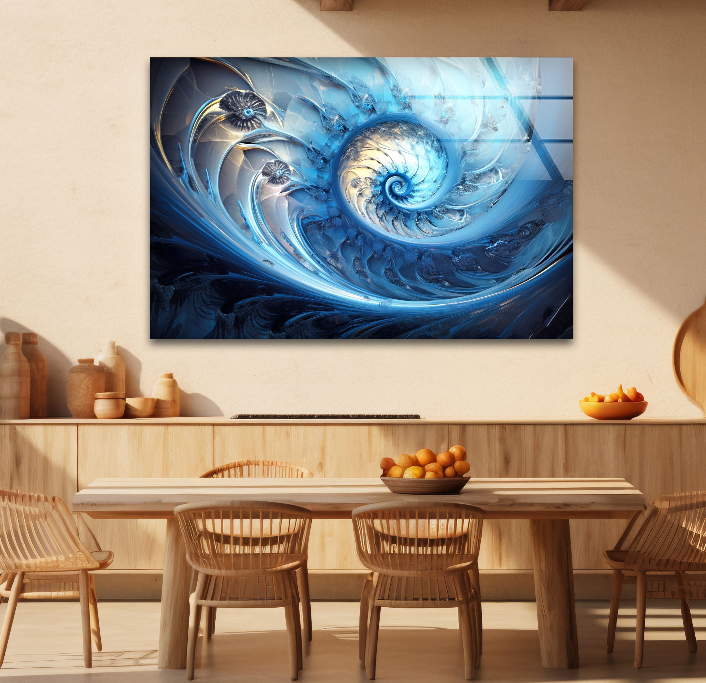 Blue Fractal Spiral Wall Art - Abstract Nautilus Glass Print for Modern Living Room & Office Decor | Perfect for Contemporary Home & Workspace Interiors