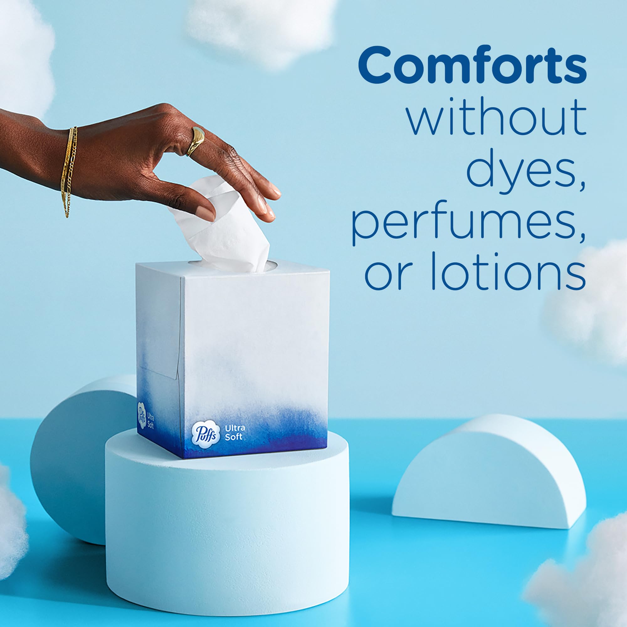 Puffs Ultra Soft Facial Tissues, 4 Mega Cube Boxes (72 Tissues Each) - Hypoallergenic & Lotion-Infused for Gentle Care | Perfect for Home, Office & Travel Use