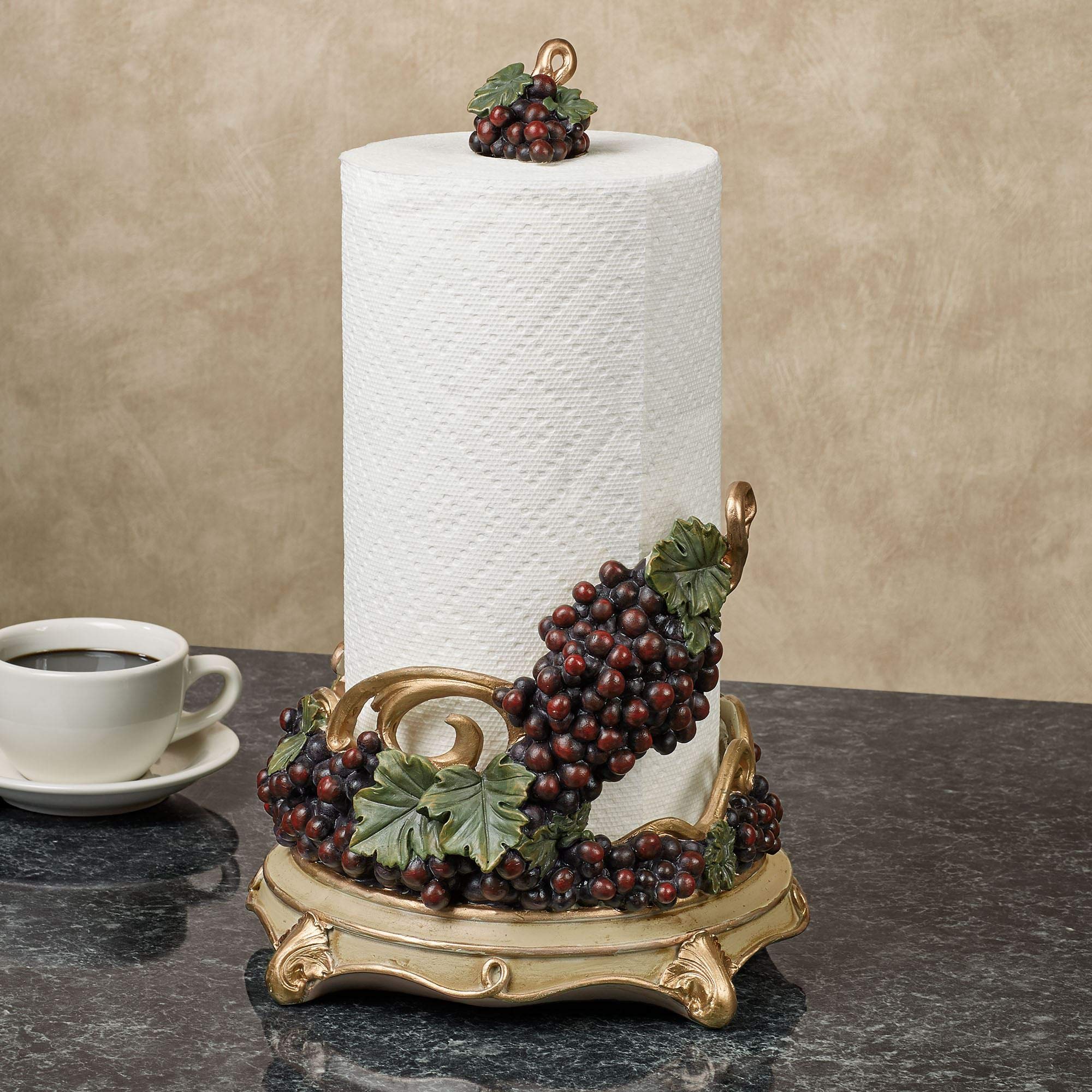 Elegant Tuscan Style Hand-Painted Paper Towel Holder - Dark Red, Sage Green & Gold Grape Vine Design - Functional Kitchen Decor for Countryside & Mediterranean Inspired Homes