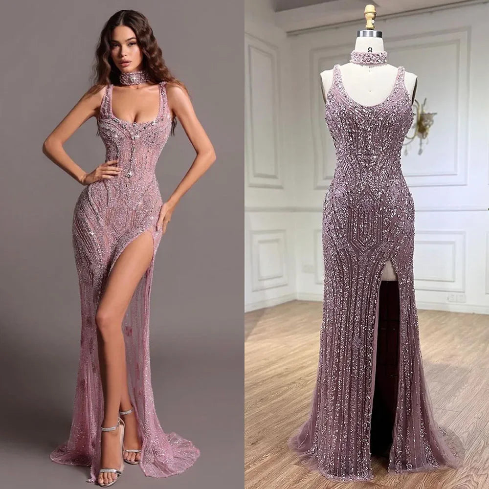 Elegant Pink Mermaid Evening Dress for Women - Sleeveless High Slit Luxury Dubai Gown for Wedding, Party & Special Occasions | Serene Hill LA72259 | Perfect for Red Carpet, Gala & Formal Events