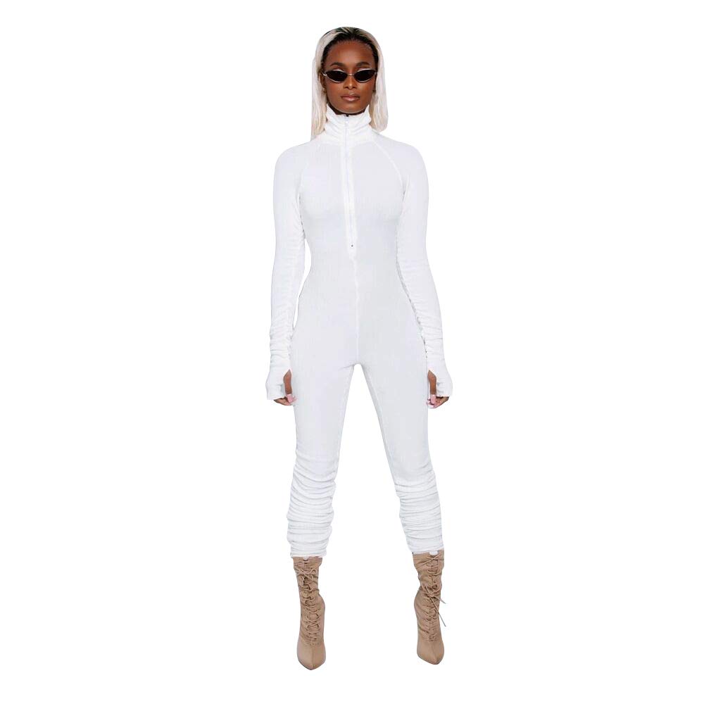 XLLAIS Women's High Neck Zipper Ruched Bodycon Jumpsuit Tracksuit with Thumb Holes - Sexy Workout Outfit for Gym, Yoga & Running